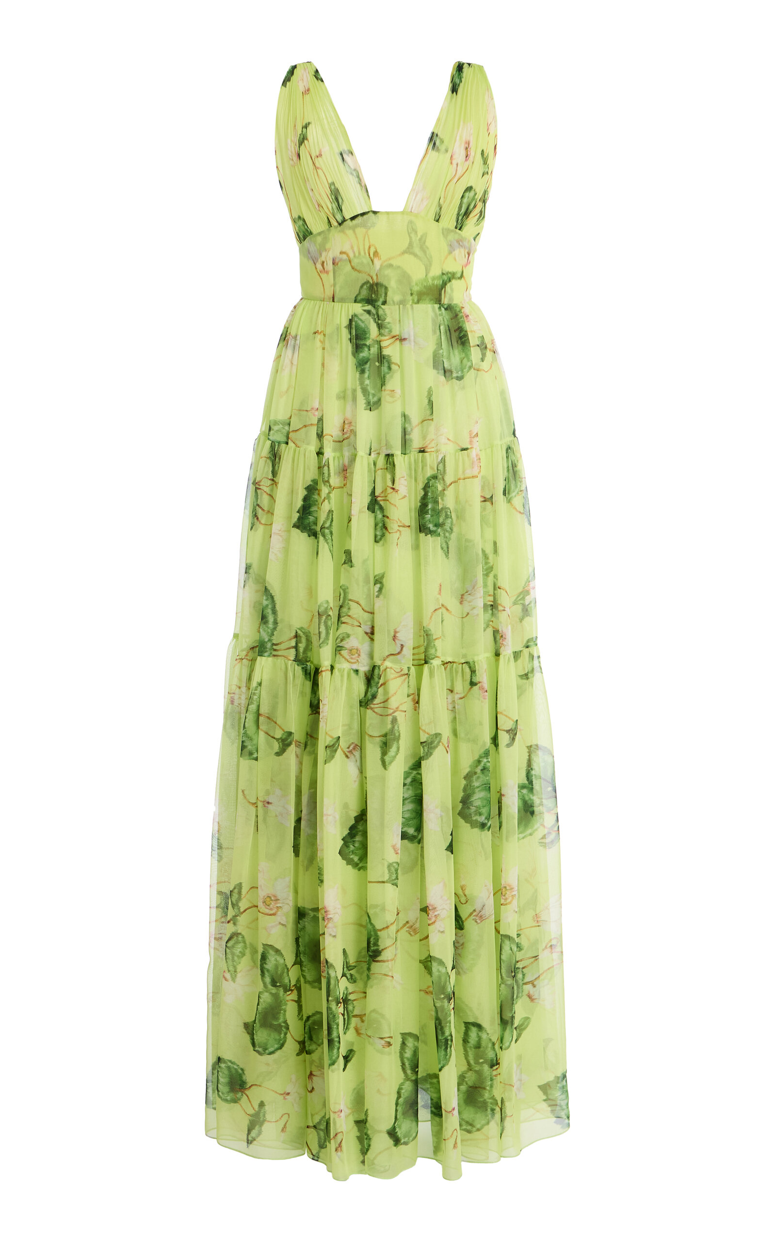 Oscar De La Renta Cyclamen Printed Pleated Silk-chiffon Gown In Green