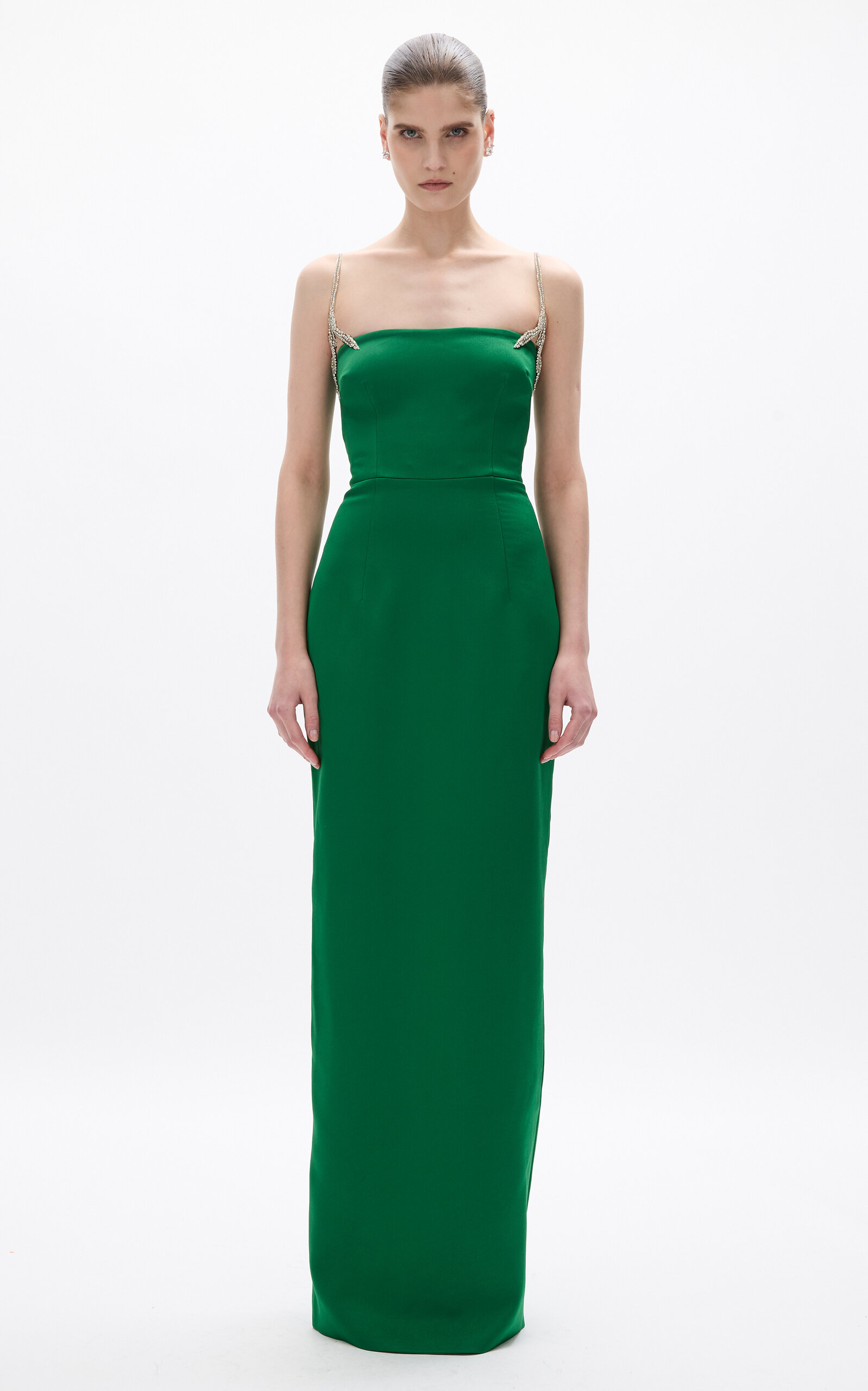 Rachel Gilbert Leora Crystal-strap Column Gown In Green