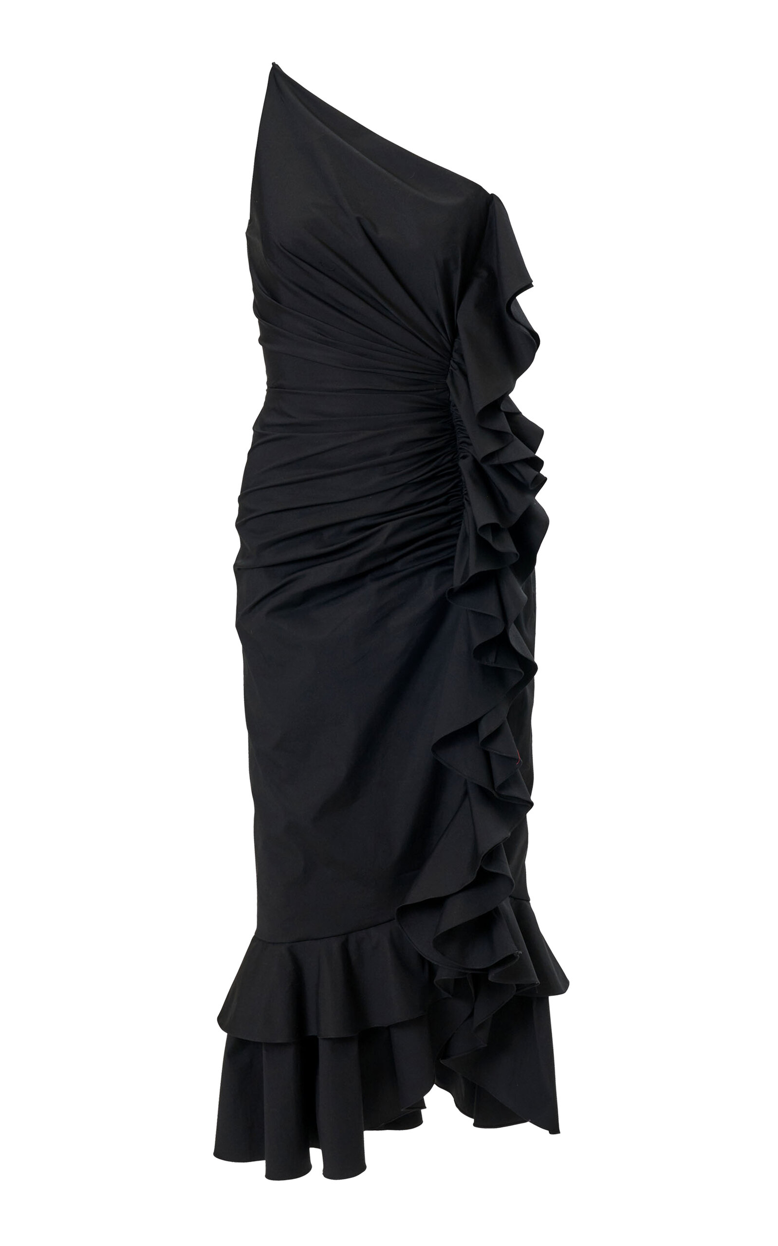 Carolina Herrera One-Shoulder Stretch-Cotton Midi Dress - Black