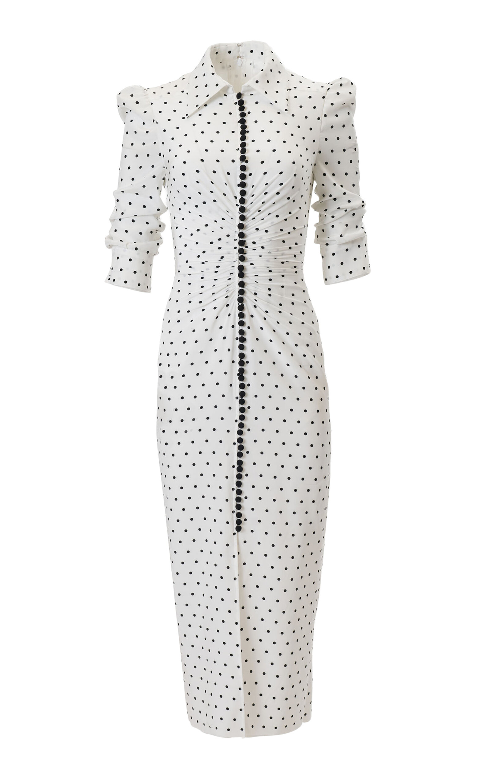 Carolina Herrera Ruched Dot-print Double Crepe De Chine Shirt Dress In White