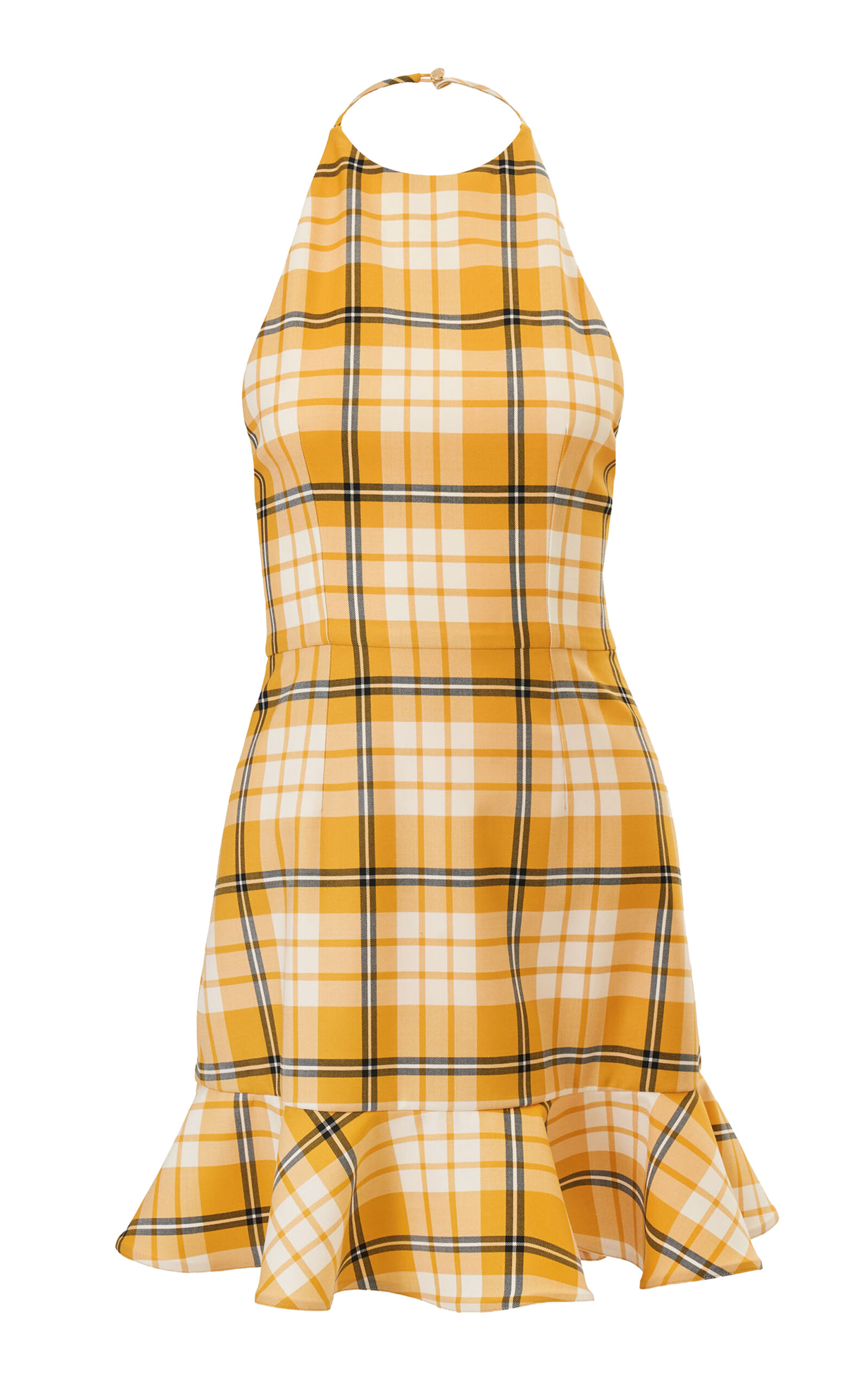 Carolina Herrera Ruffle-hem Check Plaid Stretch-wool Mini Dress In Brown