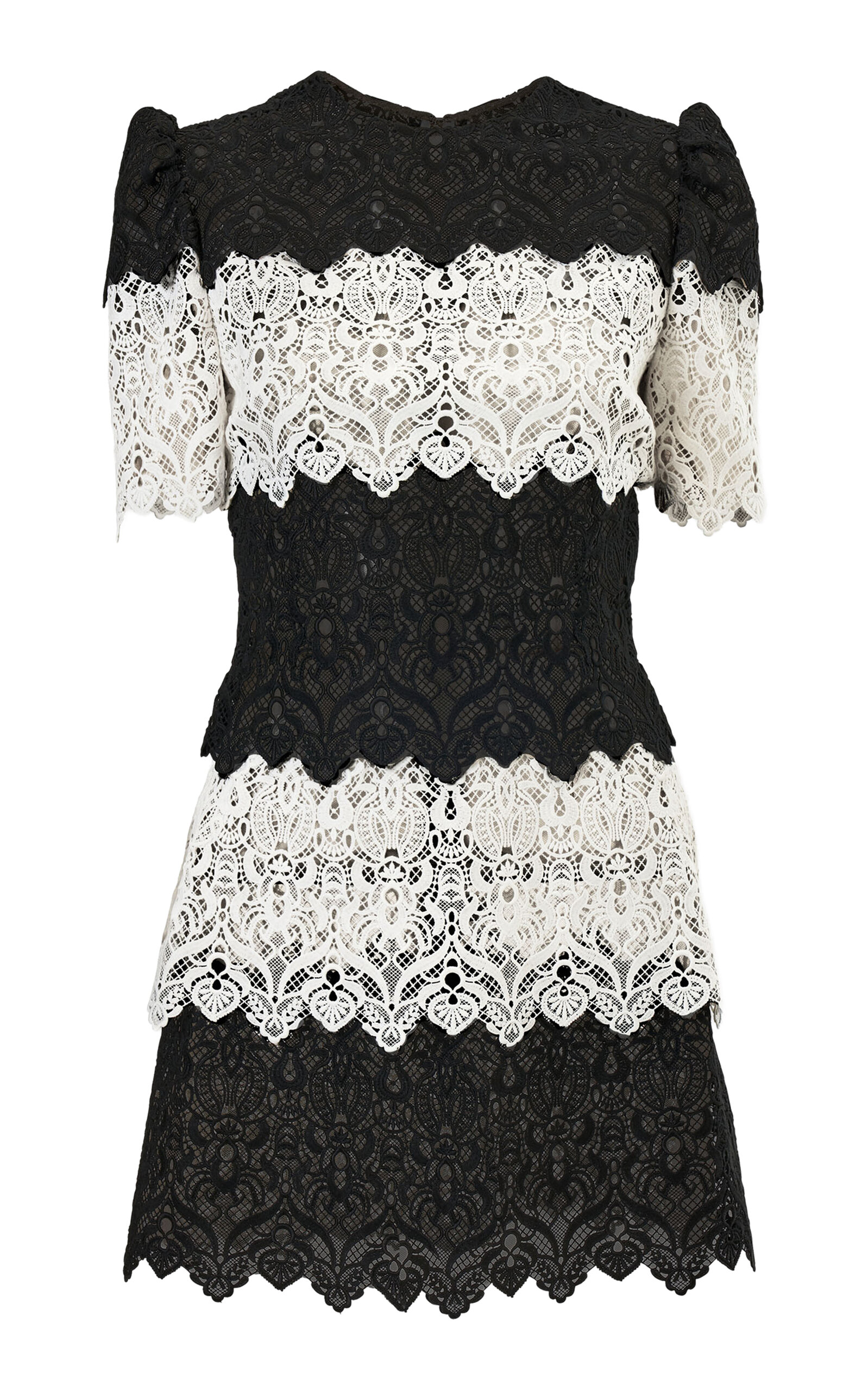 Carolina Herrera Crew Neck Floral Scroll Lace Trim Mini Dress In Multi