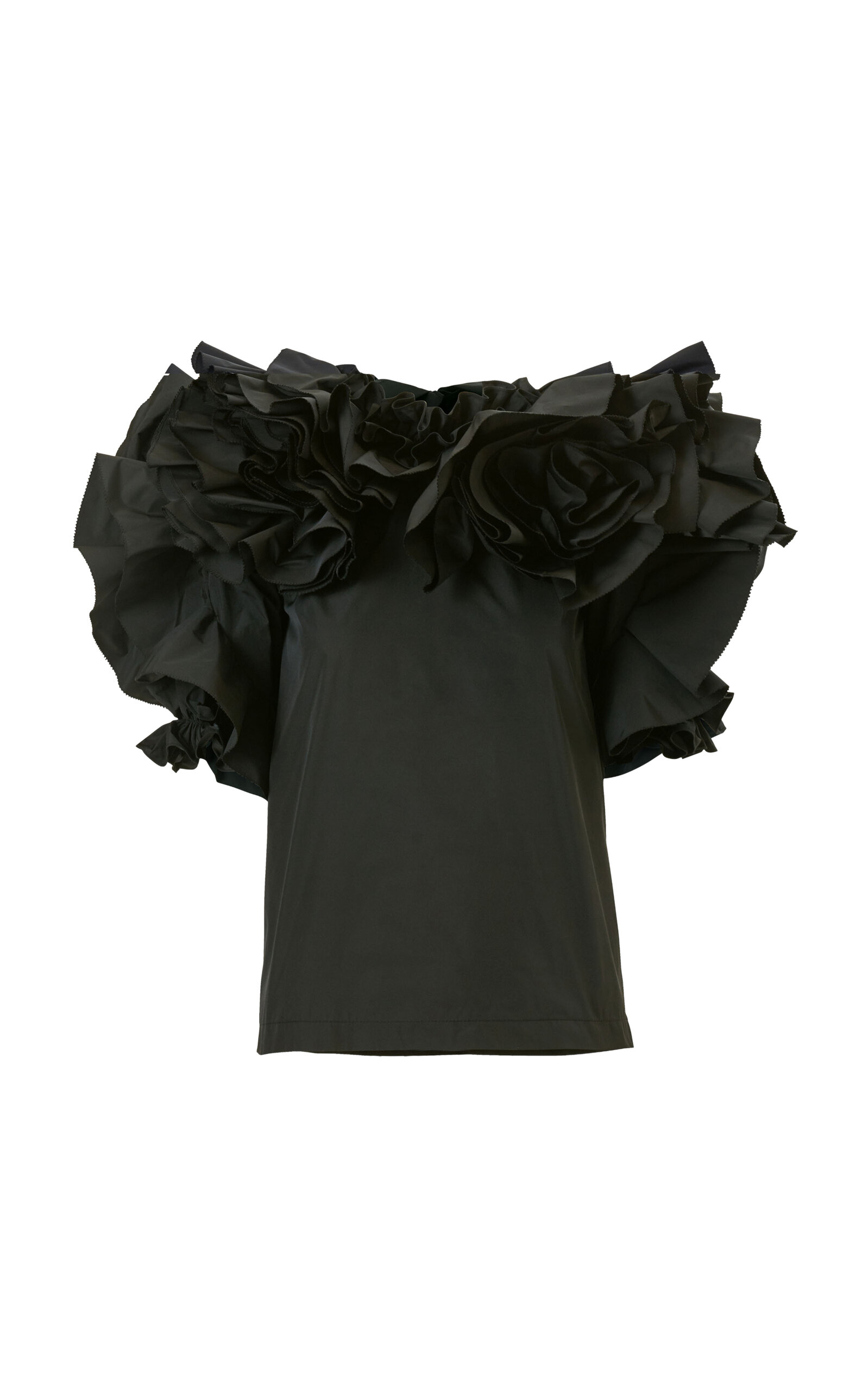 Carolina Herrera Flower-Ruffled Tech Taffeta Top - Black