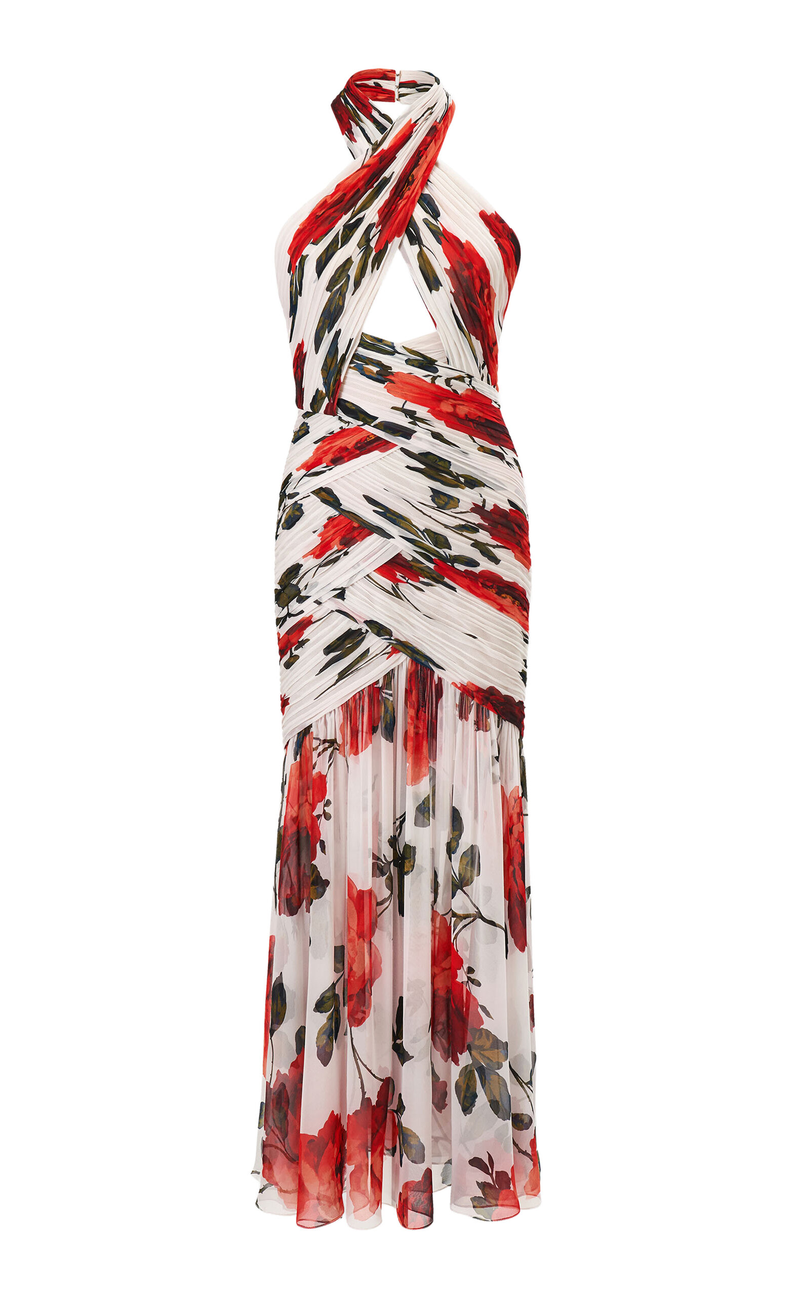 Carolina Herrera Cross-Front Stemmed-Rose-Printed Chiffon Midi Dress