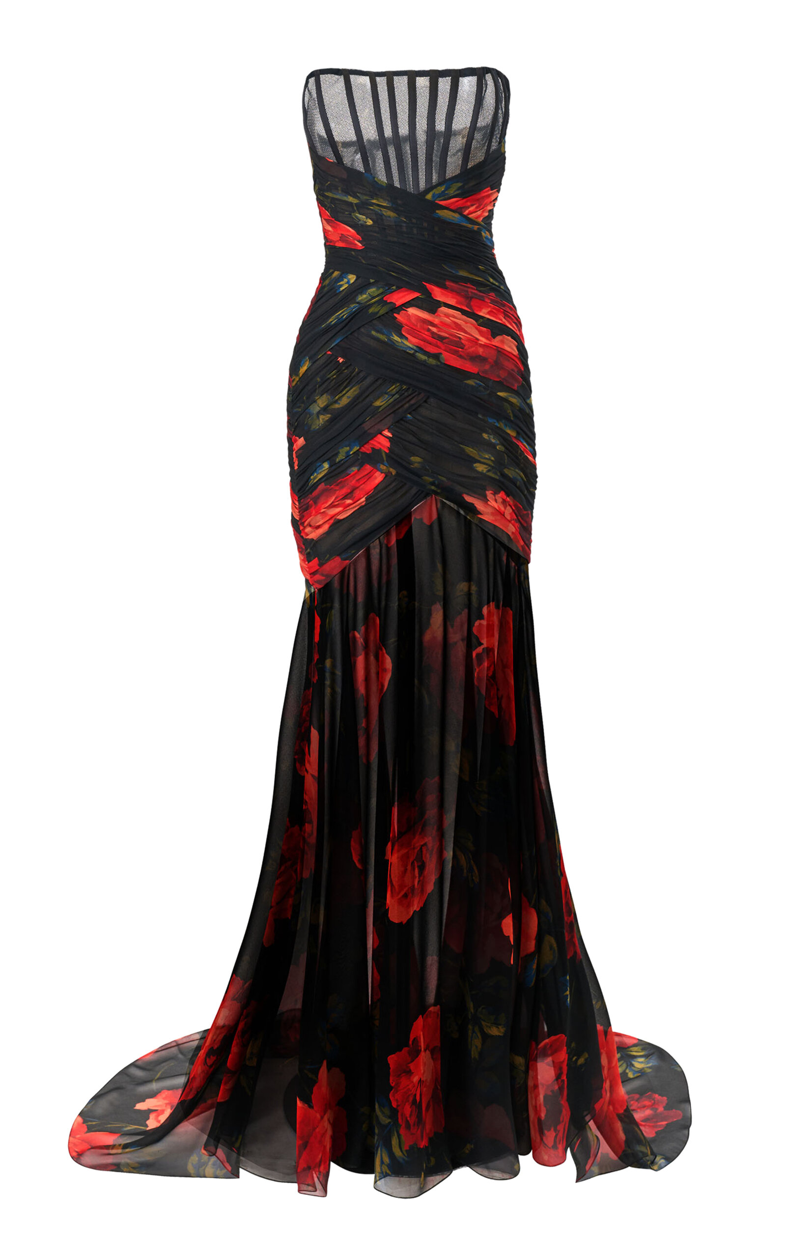 Carolina Herrera Strapless Stemmed-rose-printed Chiffon Gown In Black