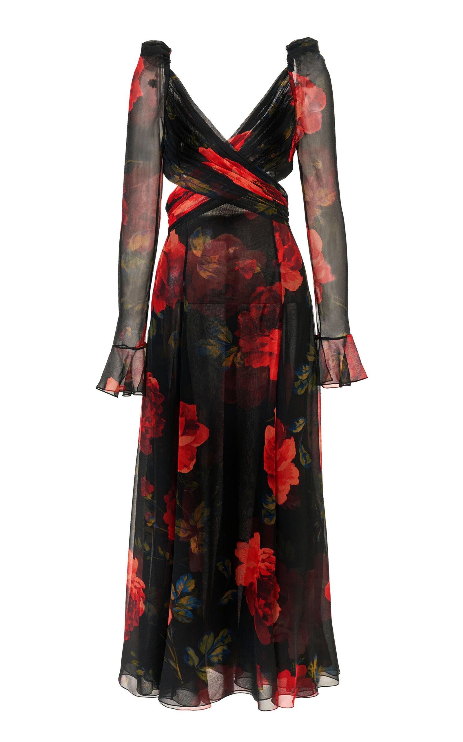 Carolina Herrera Cutout Stemmed-rose-printed Chiffon Midi Dress In Black