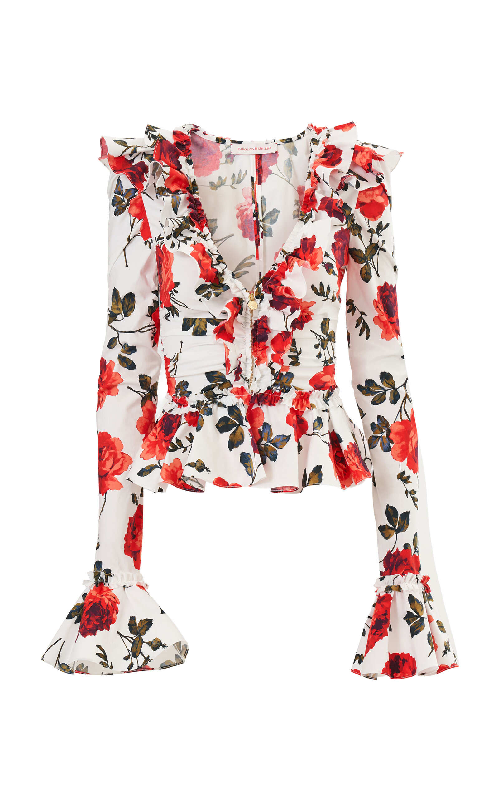 Carolina Herrera Ruched Stemmed-Rose-Printed Stretch-Cotton Top - White