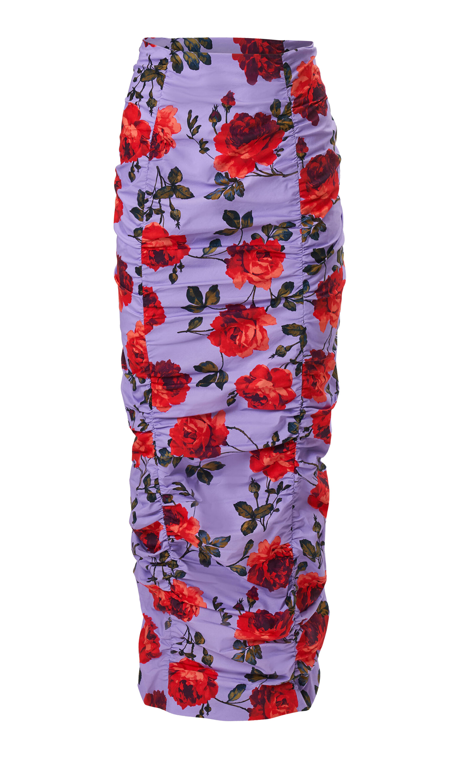 Carolina Herrera Ruched Stemmed-rose-printed Stretch-cotton Pencil Skirt In Purple