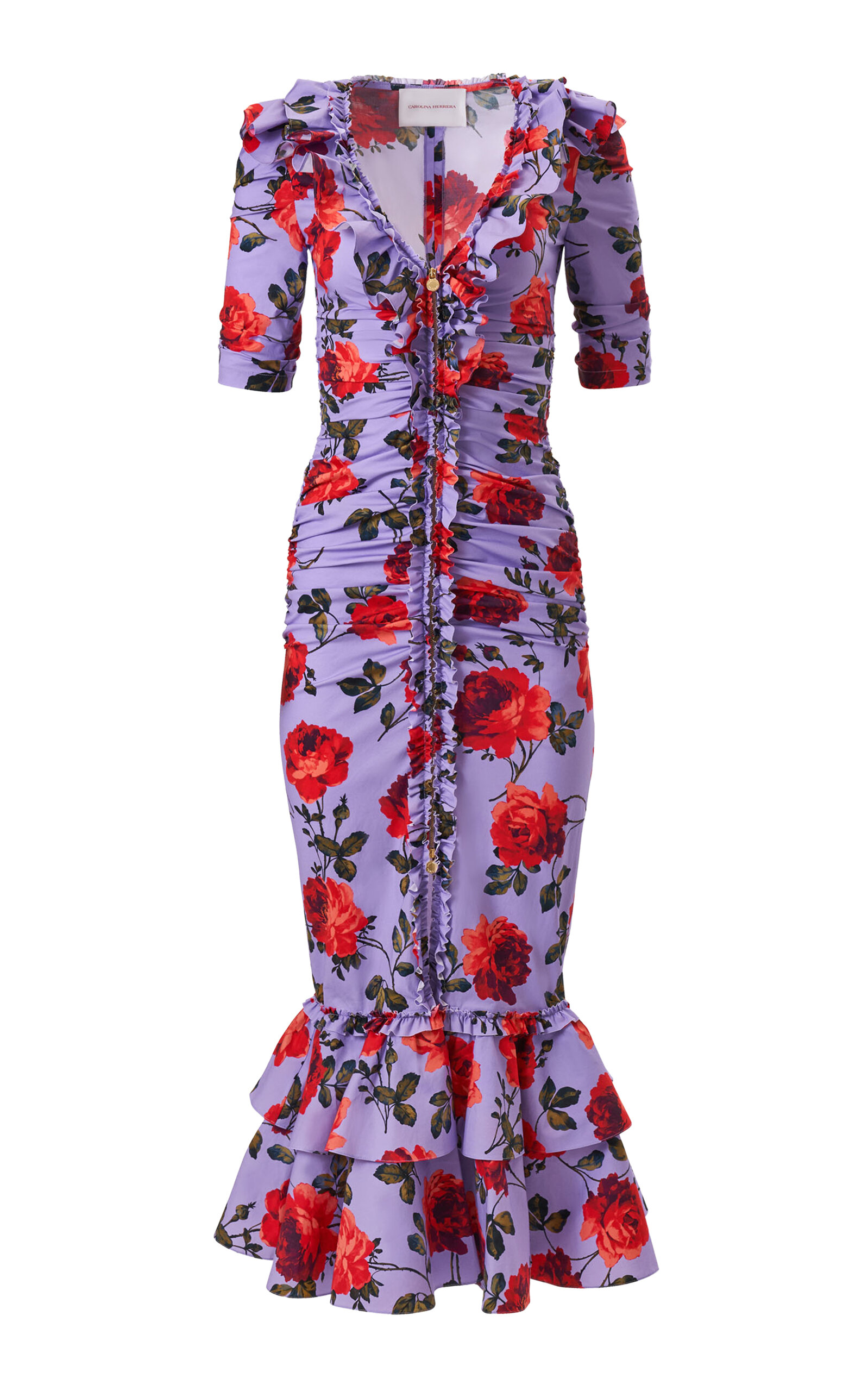 Carolina Herrera Gathered Stemmed-Rose-Printed Stretch-Cotton Midi Dress - Women's Clothing