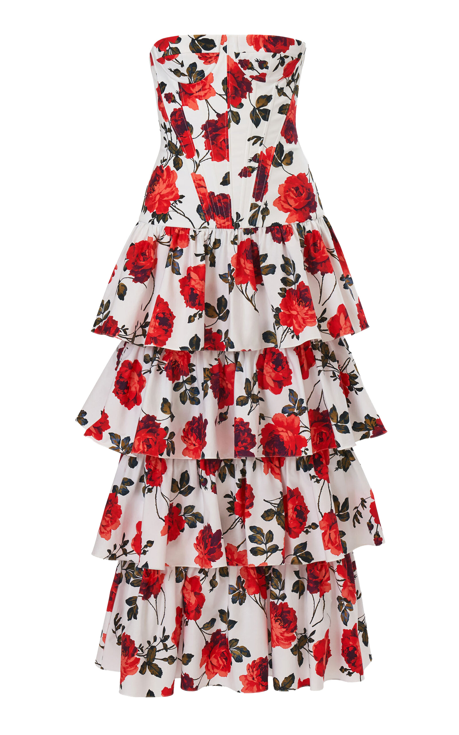 Carolina Herrera Strapless Stemmed-Rose-Printed Stretch-Cotton Dress - White