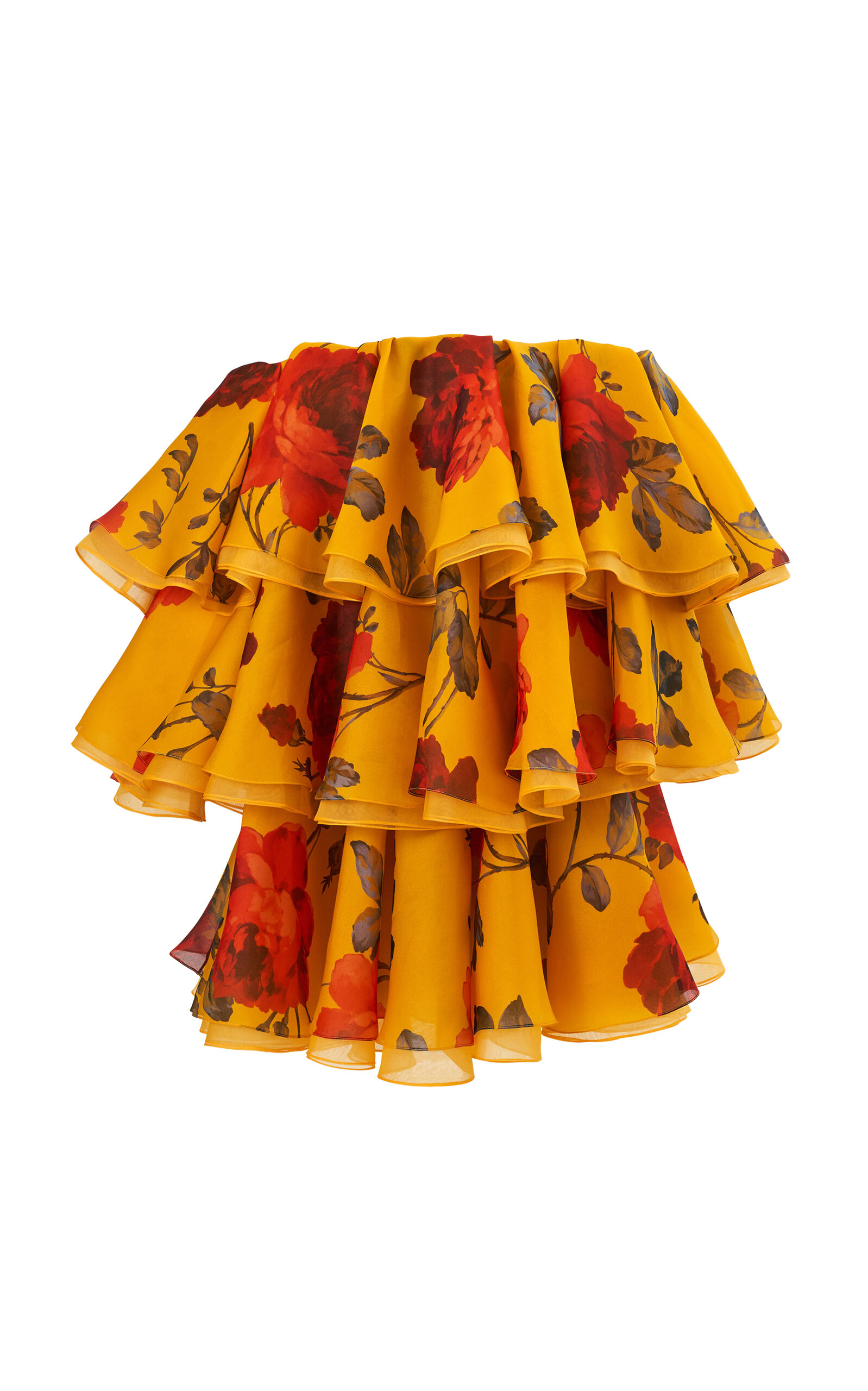 Carolina Herrera Tiered-Ruffle Stemmed-Rose-Printed Crepe Mini Dress - Yellow
