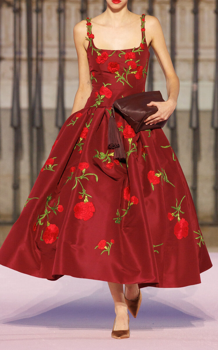Carolina Herrera Embroidered Drop-waist Silk Faille Dress In Red