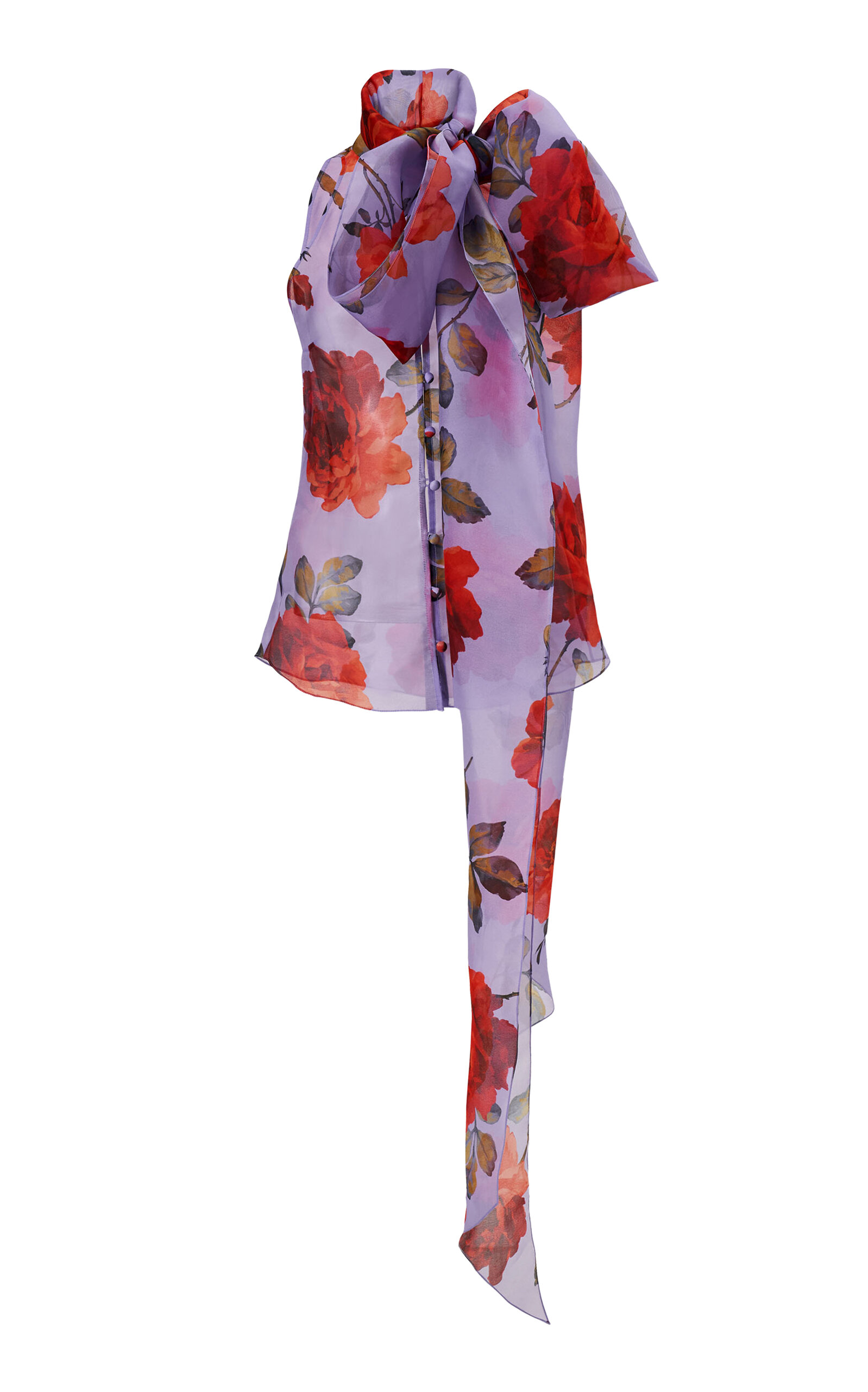 Carolina Herrera Scarf-collared Stemmed-rose-printed Crepe Top In Purple