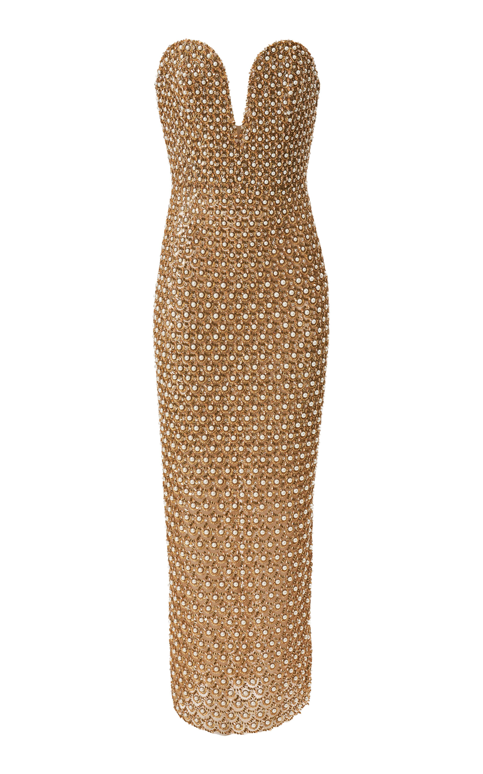 Carolina Herrera Embroidered Nylon Tulle Column Dress In Gold