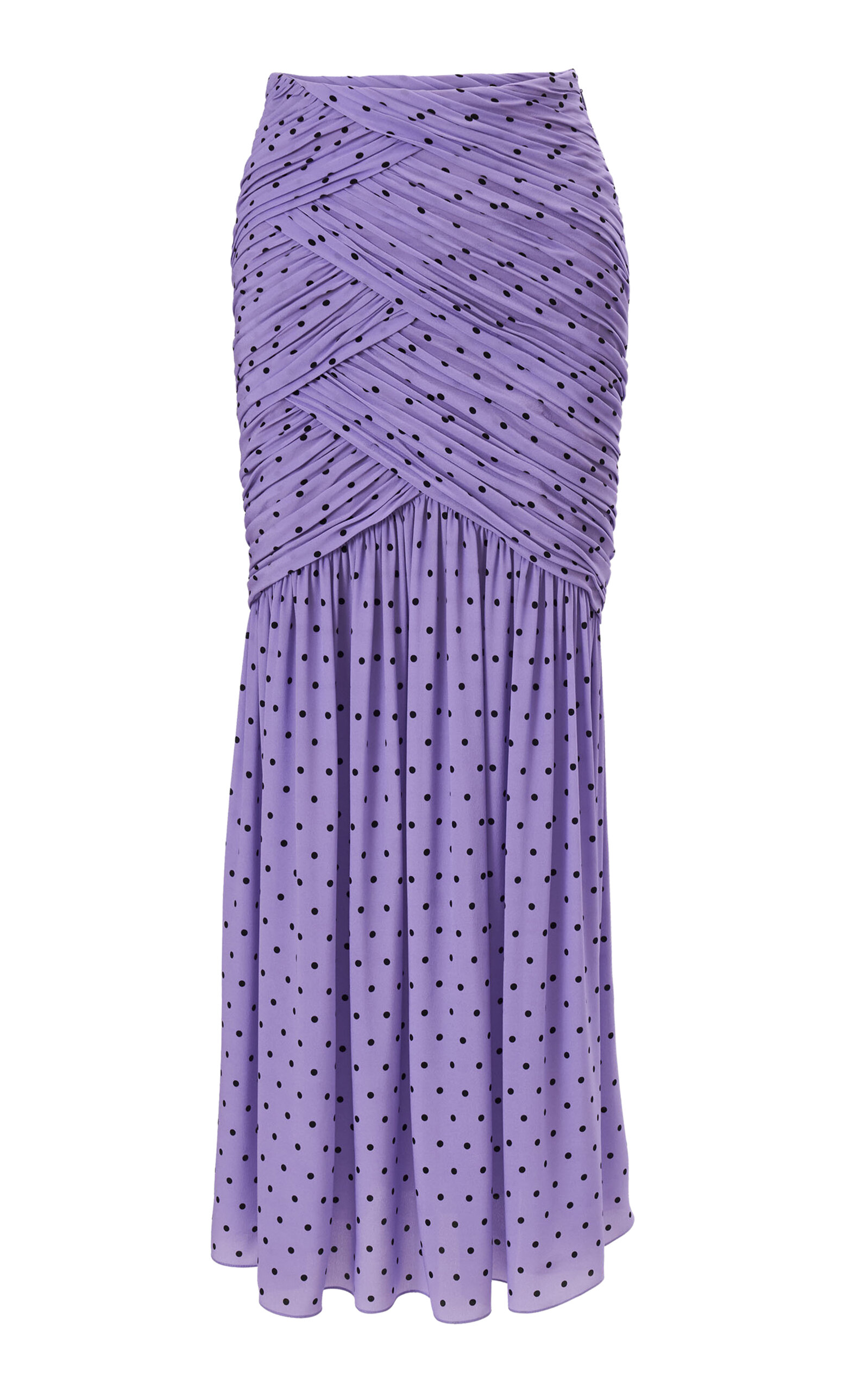 Carolina Herrera Ruched Dot-print Double Crepe De Chine Midi Skirt In Purple