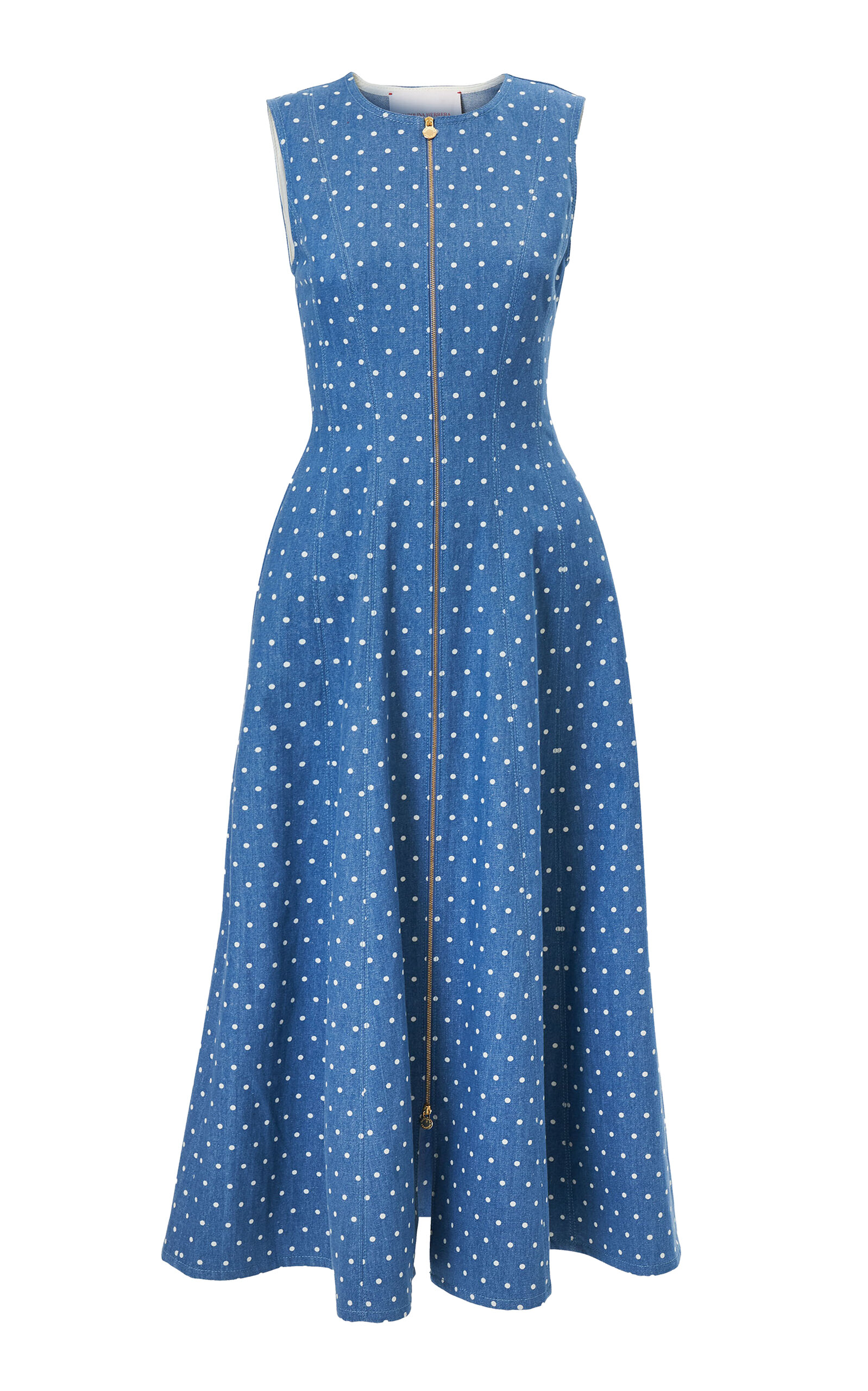 Carolina Herrera Zip-Front Dot-Print Denim A-Line Midi Dress - Light Blue