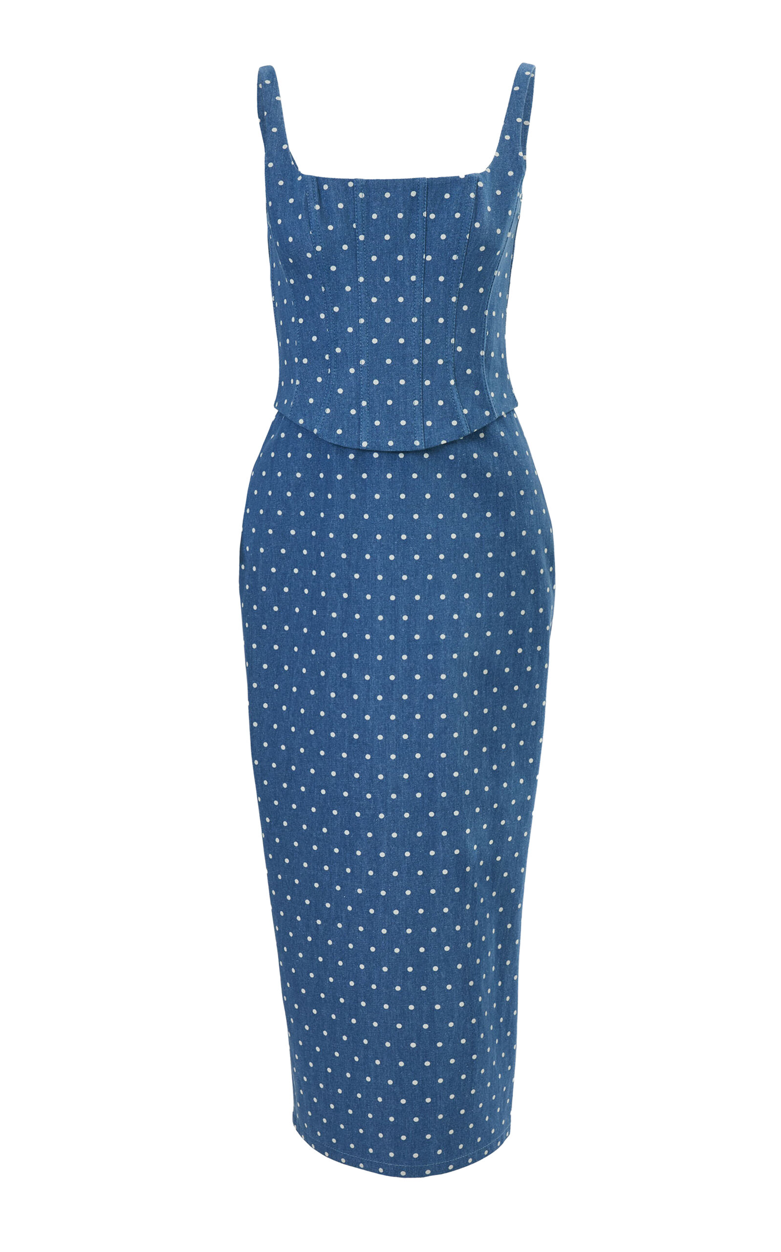 Carolina Herrera Corseted Dot-print Denim Pencil Midi Dress In Blue
