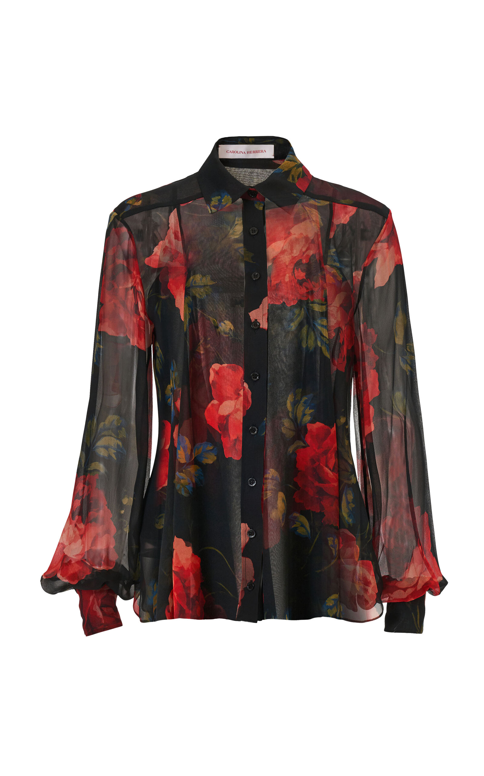Carolina Herrera Buttoned Stemmed-rose-printed Chiffon Blouse In Black