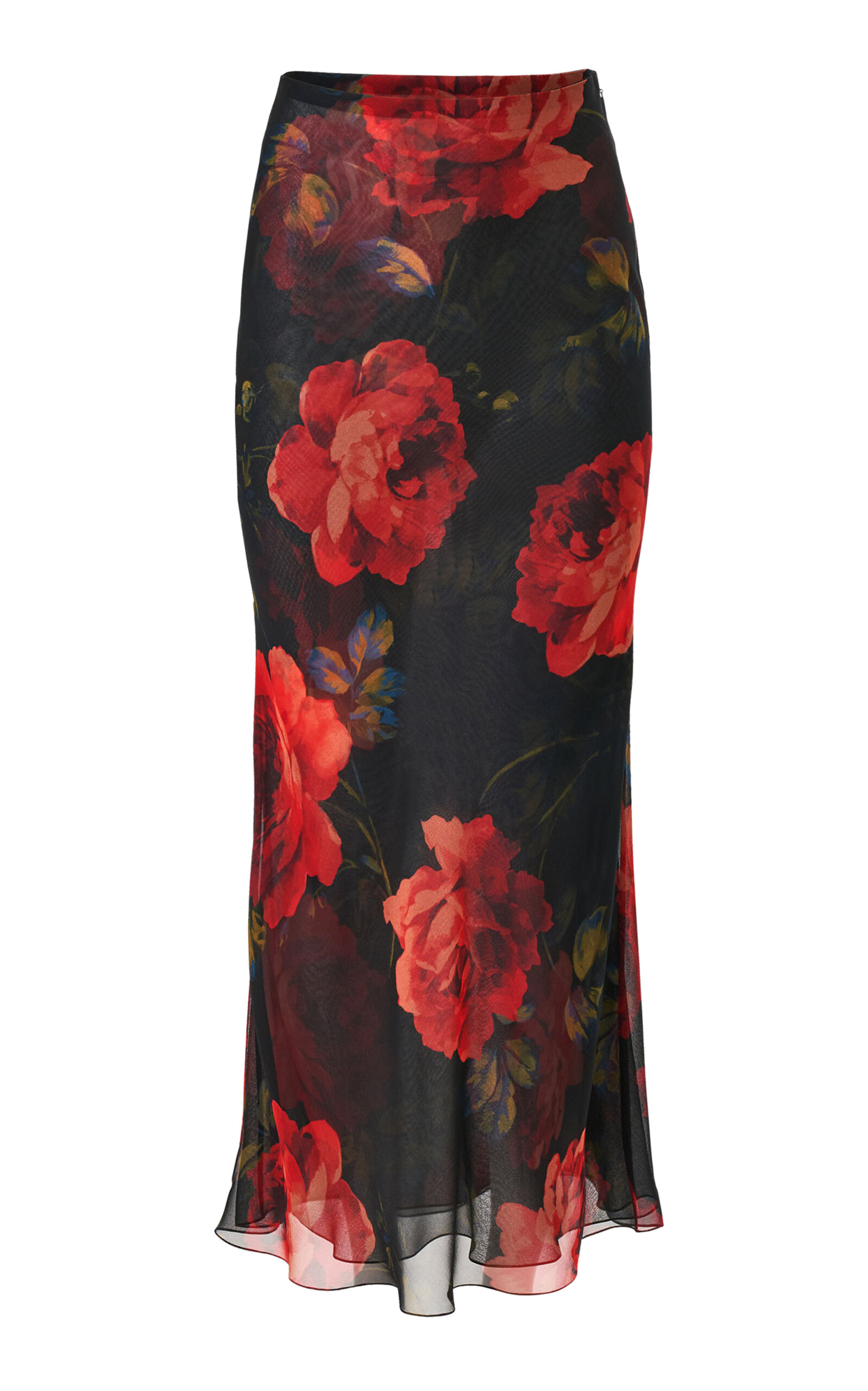 Carolina Herrera Mid-Rise Stemmed-Rose-Printed Chiffon Midi Skirt - Black