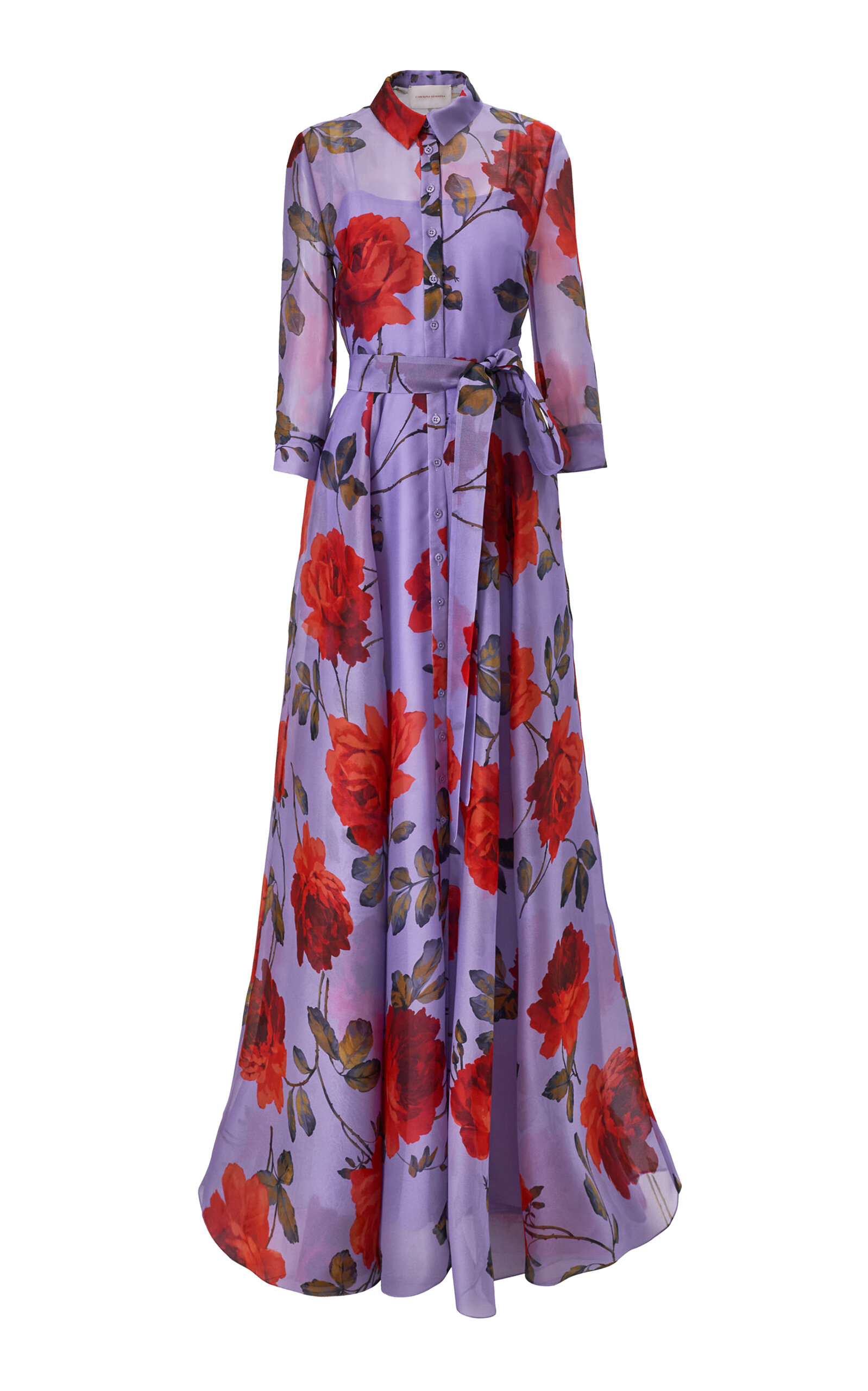 Carolina Herrera Collared Stemmed-rose-printed Crepe Trench Gown In Purple