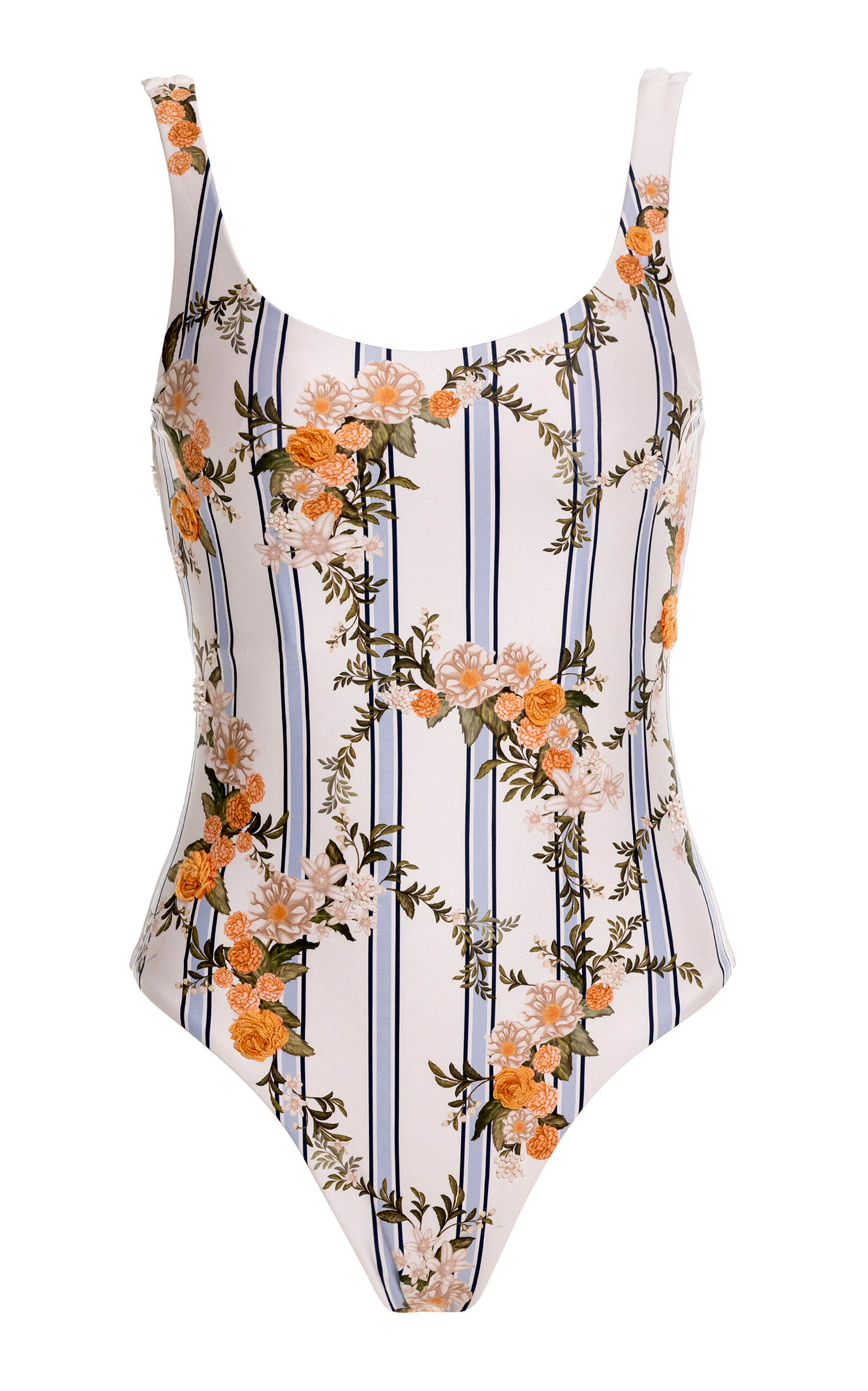Agua By Agua Bendita Gema Valle Floral-striped Cotton One-piece Swimsuit In Neutral