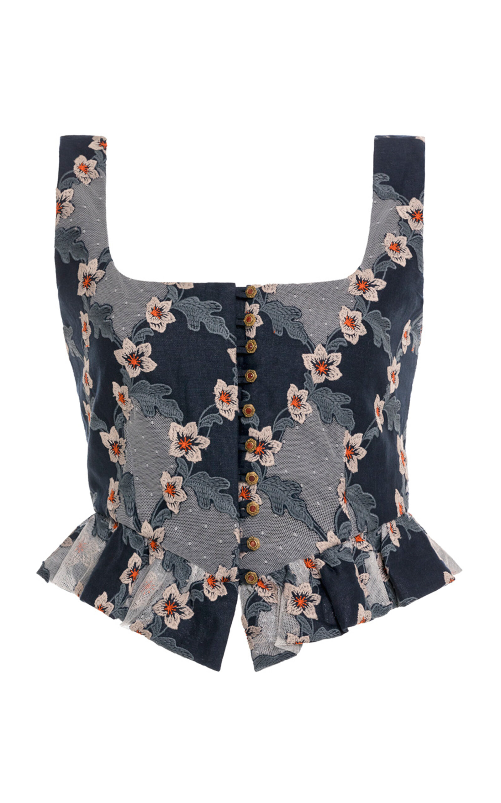 Agua By Agua Bendita Eslabón Anhelo Embroidered Linen Cropped Top In Multi