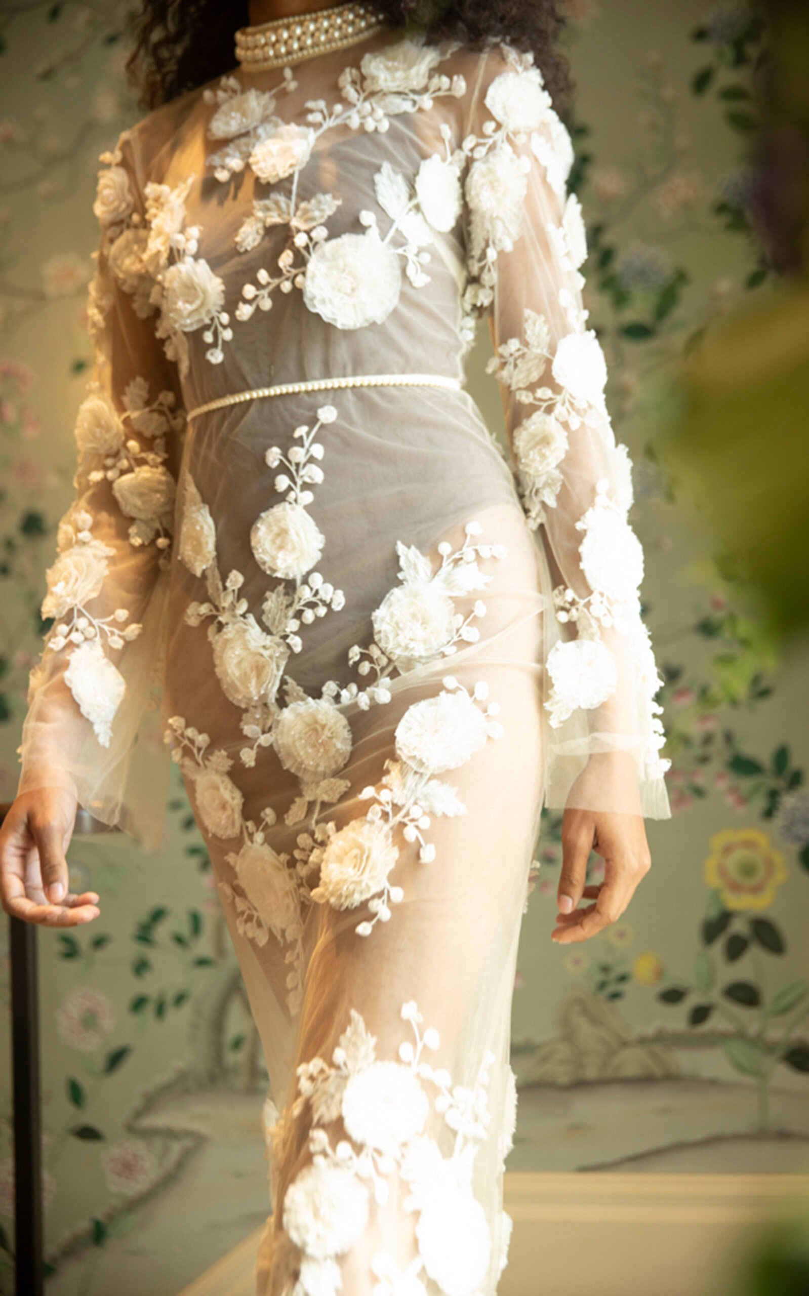 Agua by Agua Bendita Arcilla Verso Sheer Tulle Floral Appliqué Maxi Dress - Nude