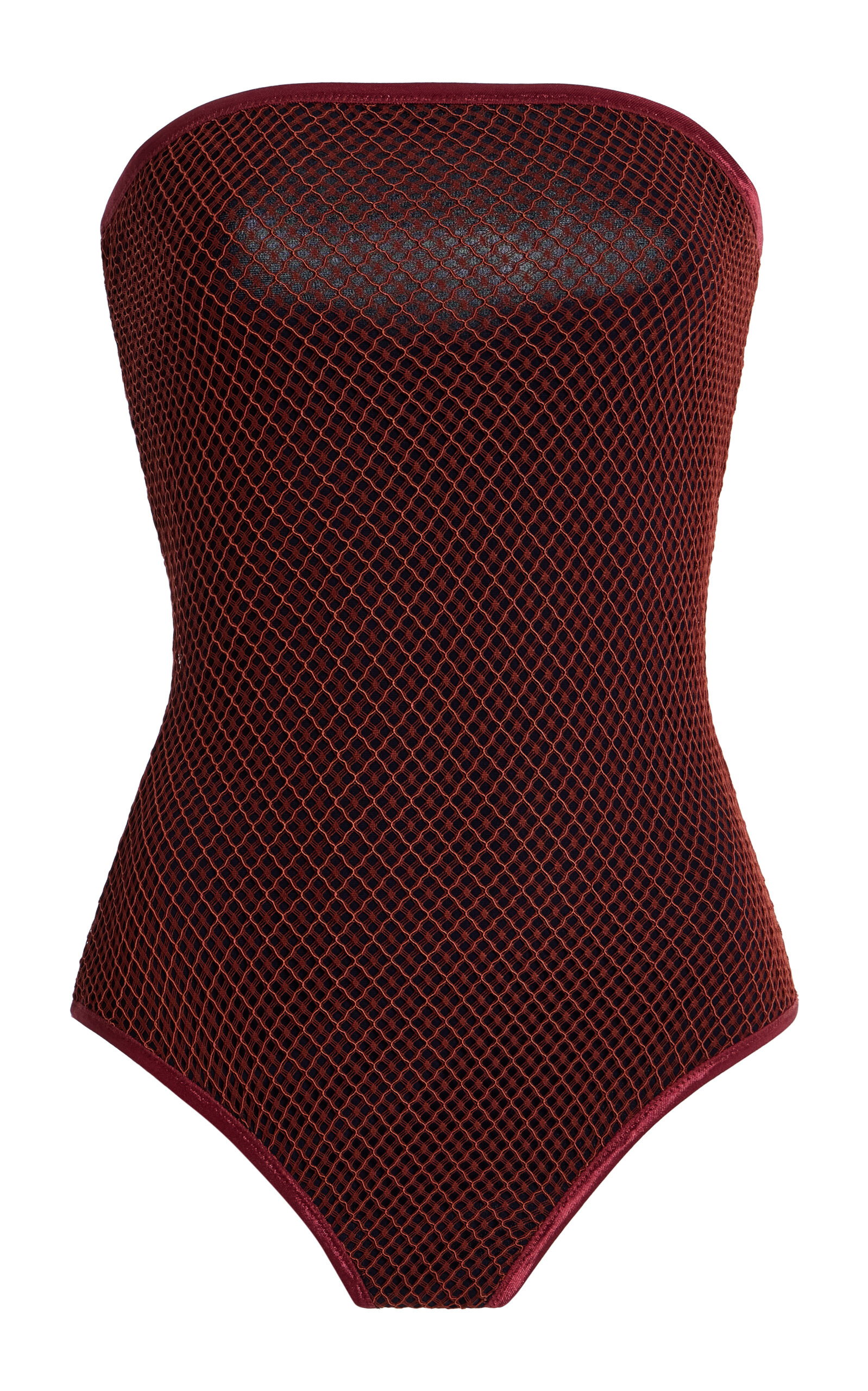 Mel Usine Carine Strapless Fishnet Bodysuit In Red