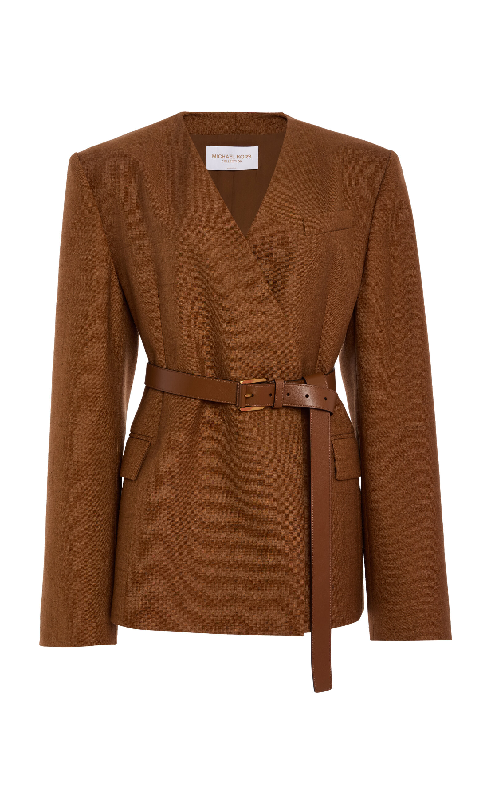 Michael Kors Belted Silk-canvas Blazer In Brown