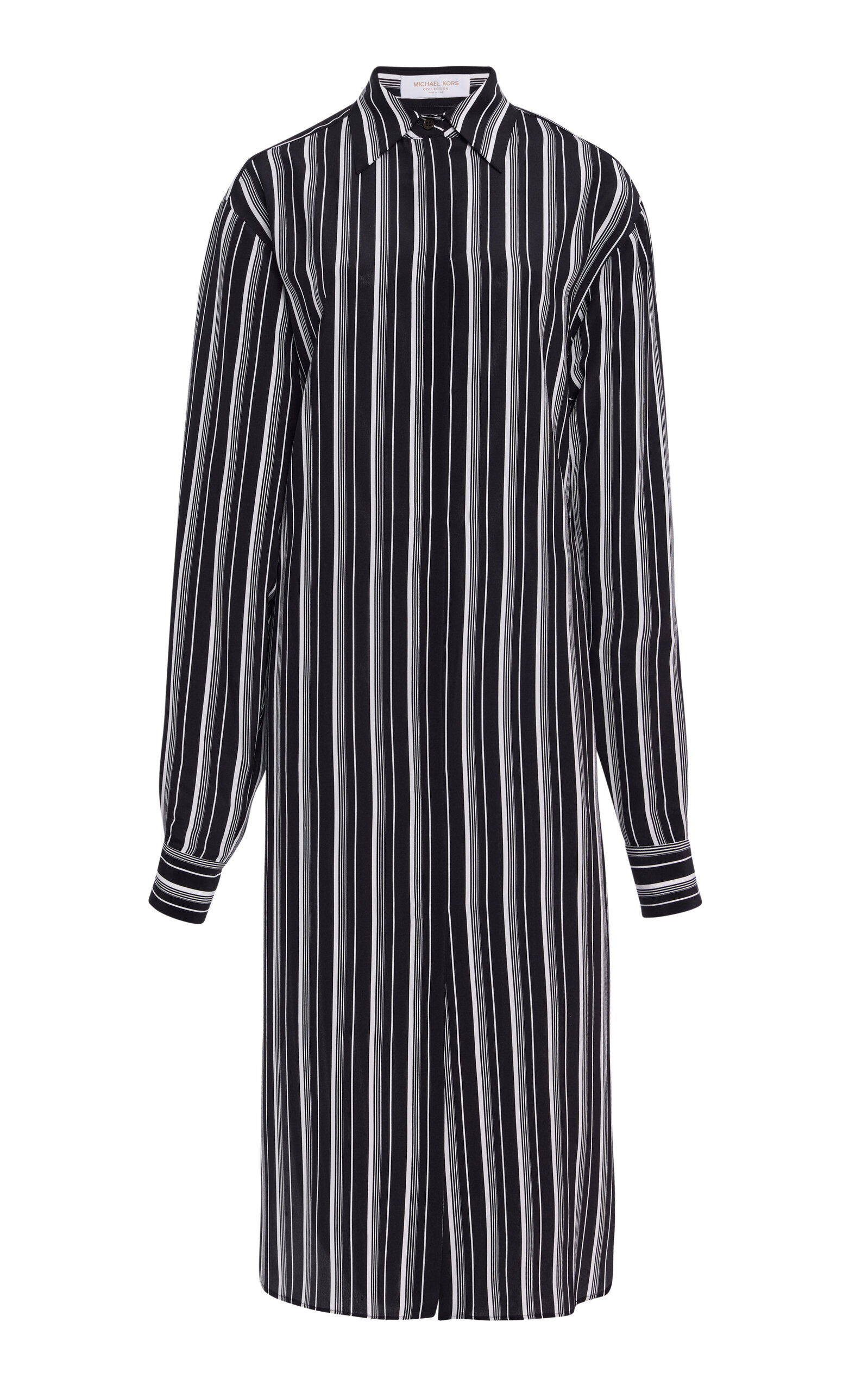 Michael Kors Oversized Striped Crepe De Chine Midi Shirt Dress In Black
