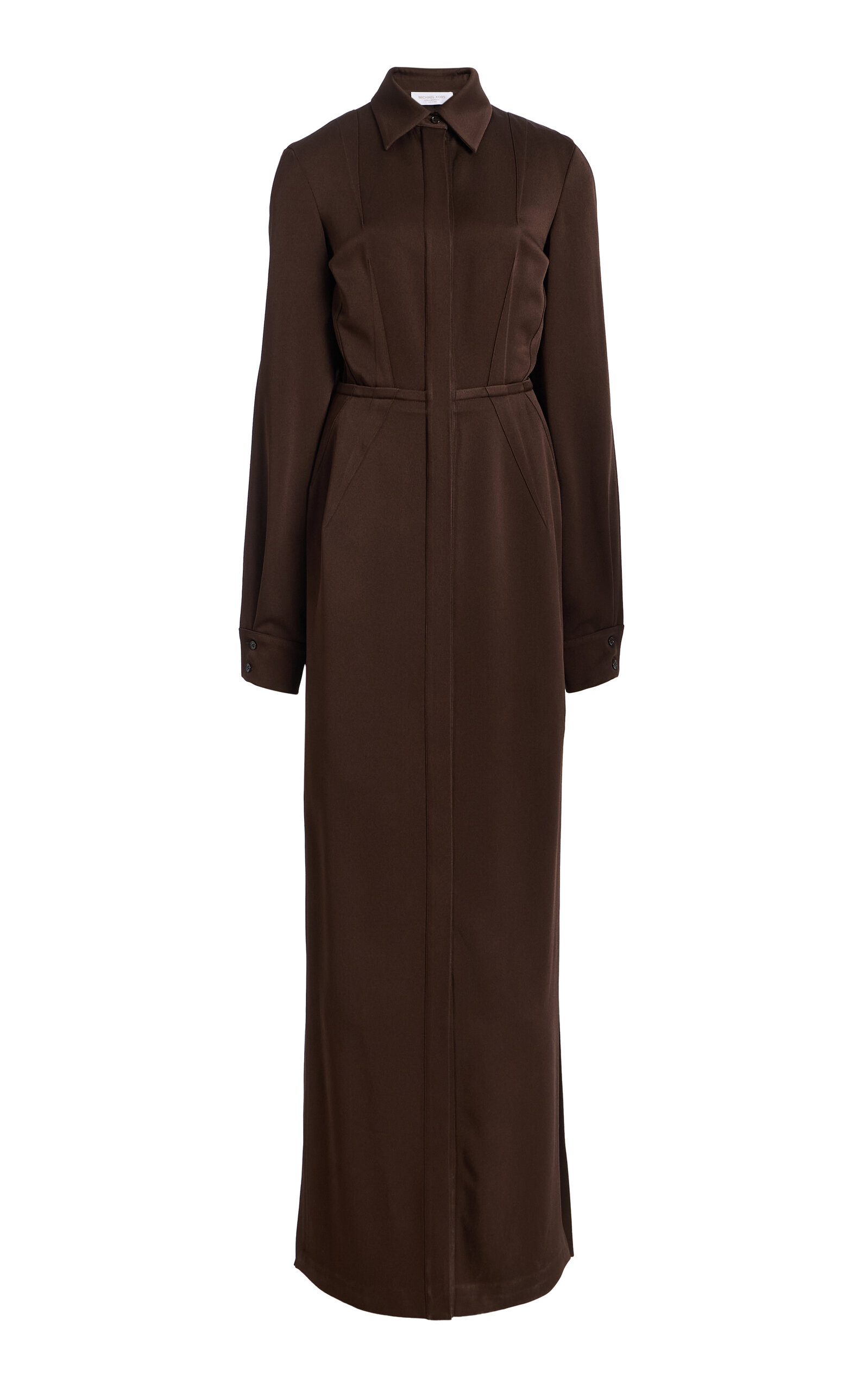 Michael Kors Slit Sleeve Techno Satin Maxi Dress In Brown