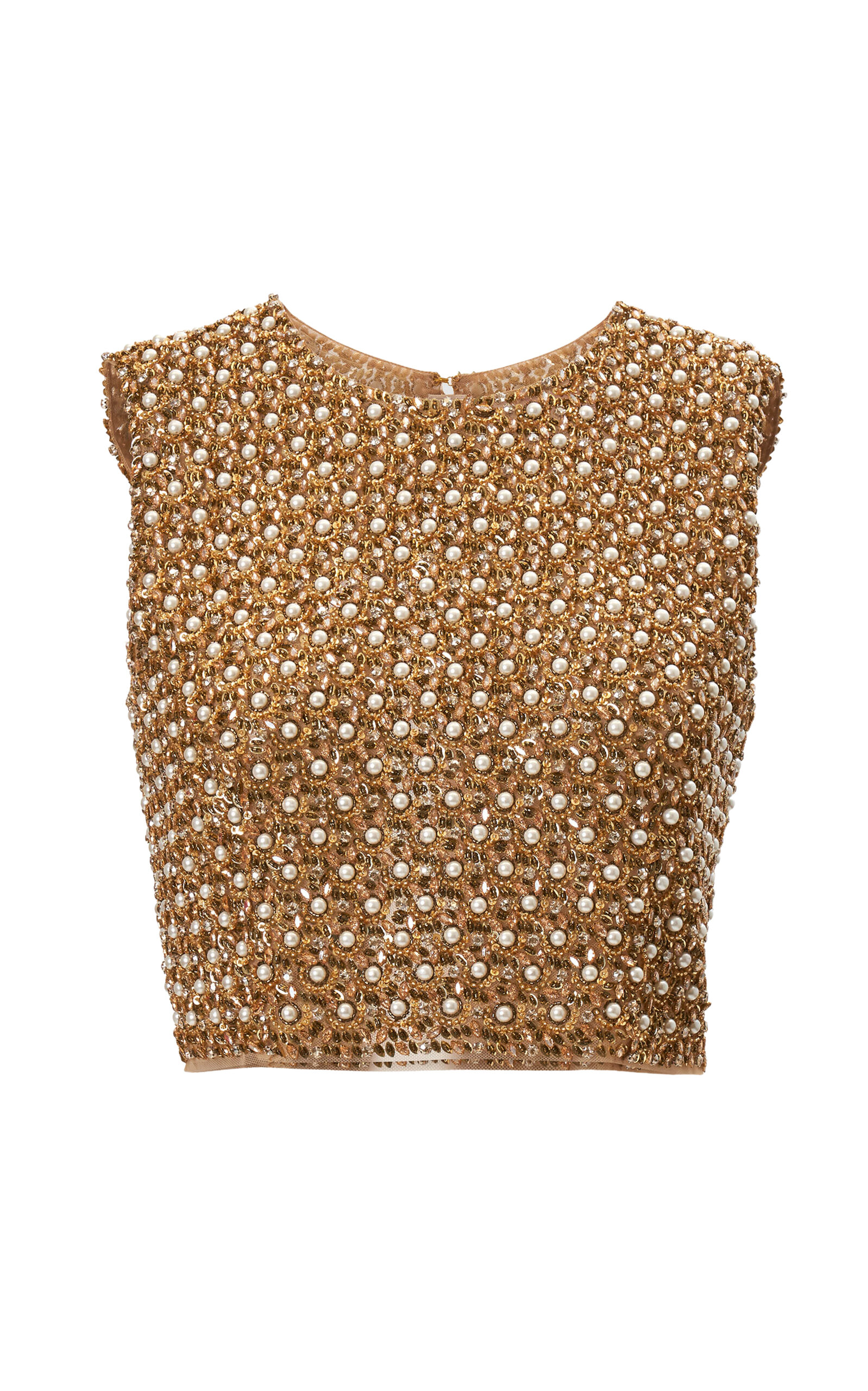 Carolina Herrera Embroidered Tulle Sleeveless Crewneck Crop Top - Gold