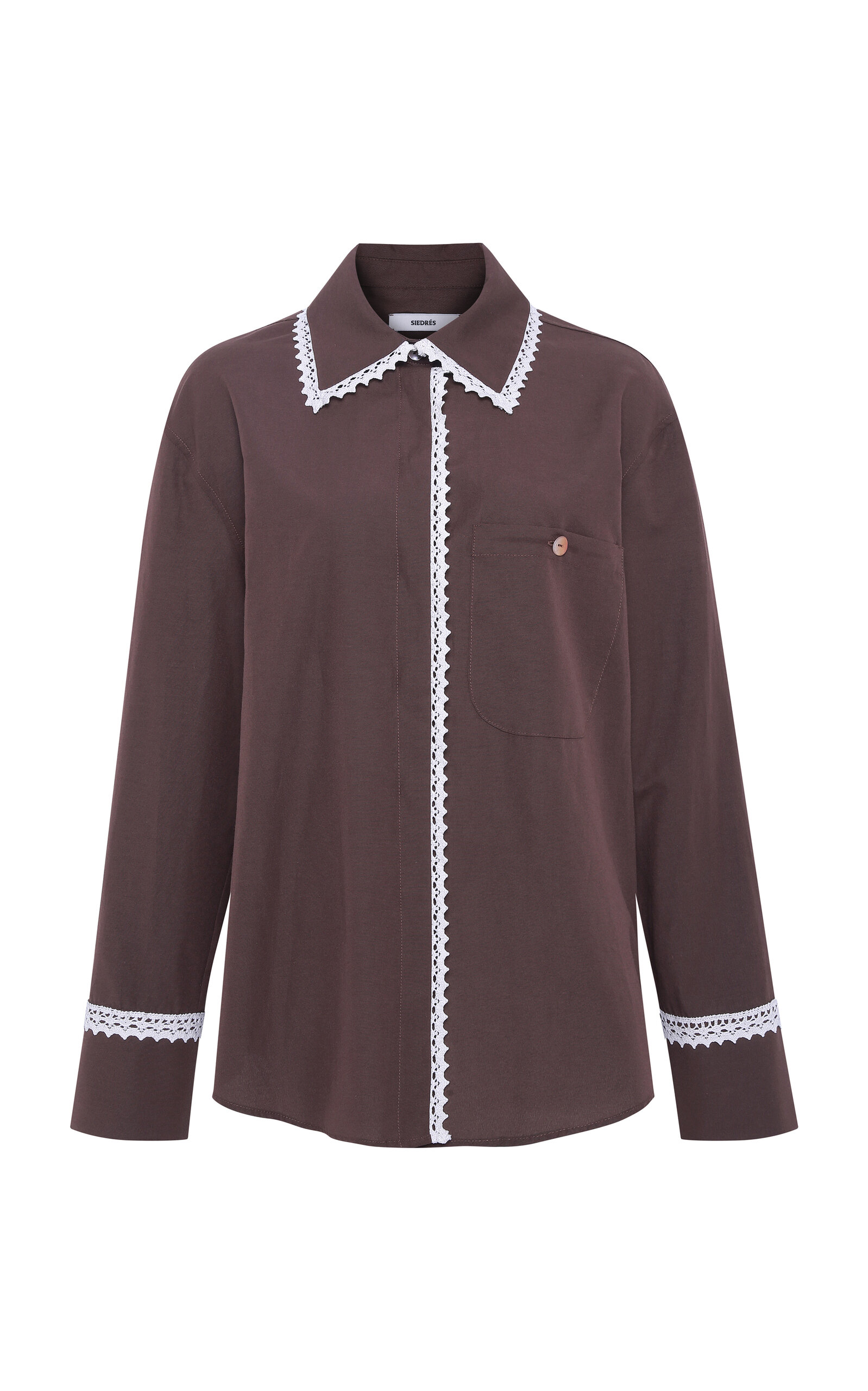 Siedres Mirna Lace-trimmed Cotton-poplin Button-down Shirt In Brown