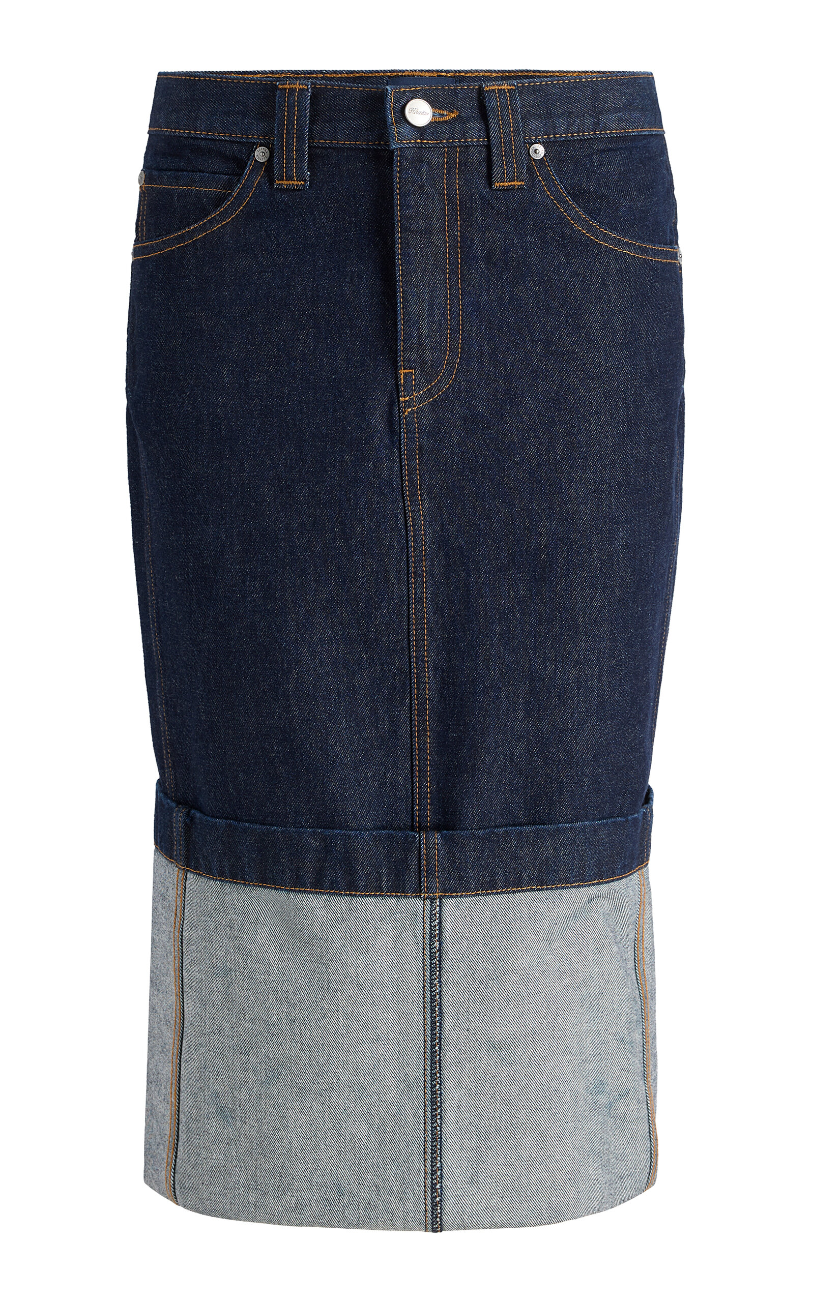 Khaite Kilian Cuffed Denim Midi Skirt In Blue