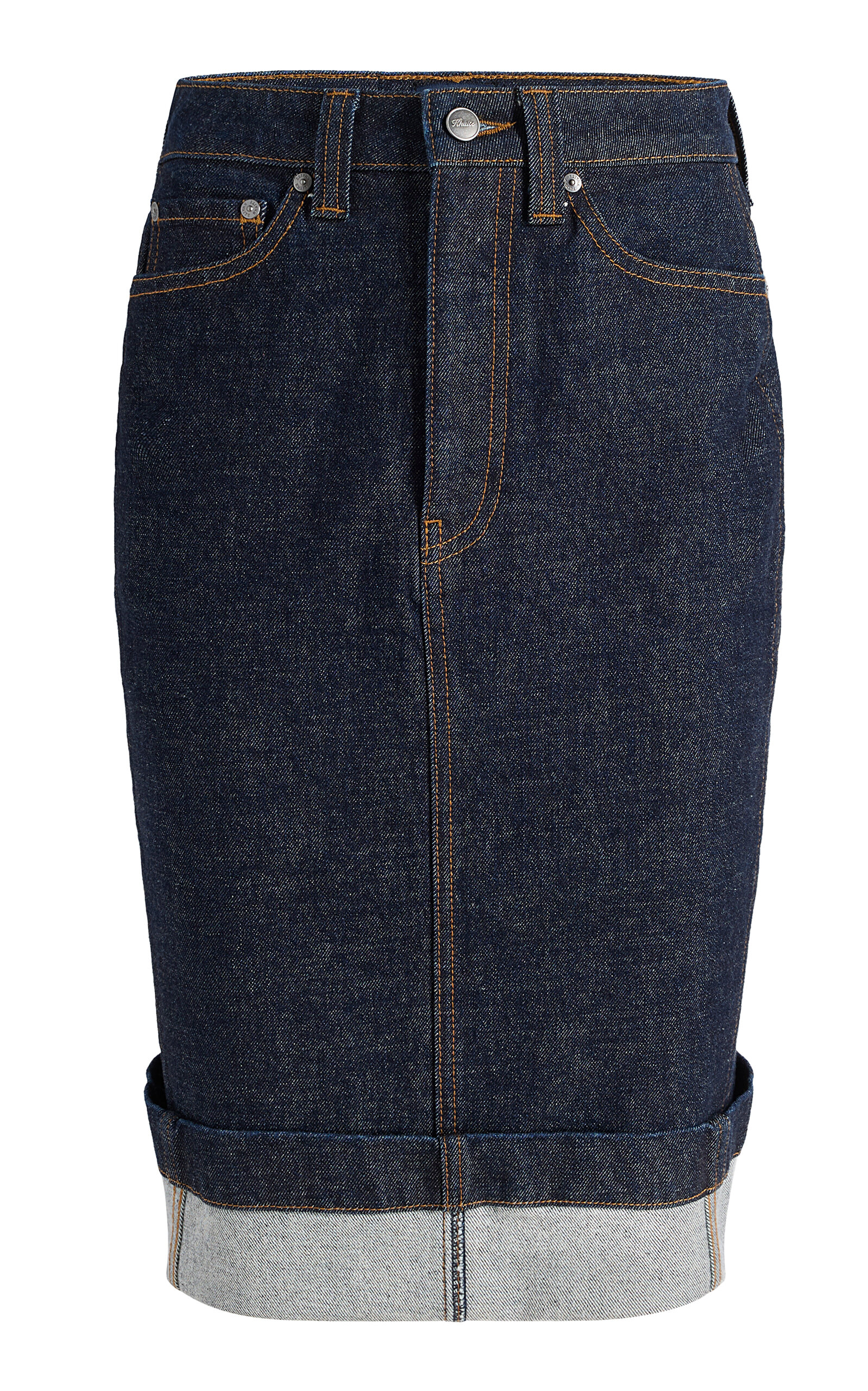 Khaite Kendra Cuffed Denim Midi Skirt In Blue