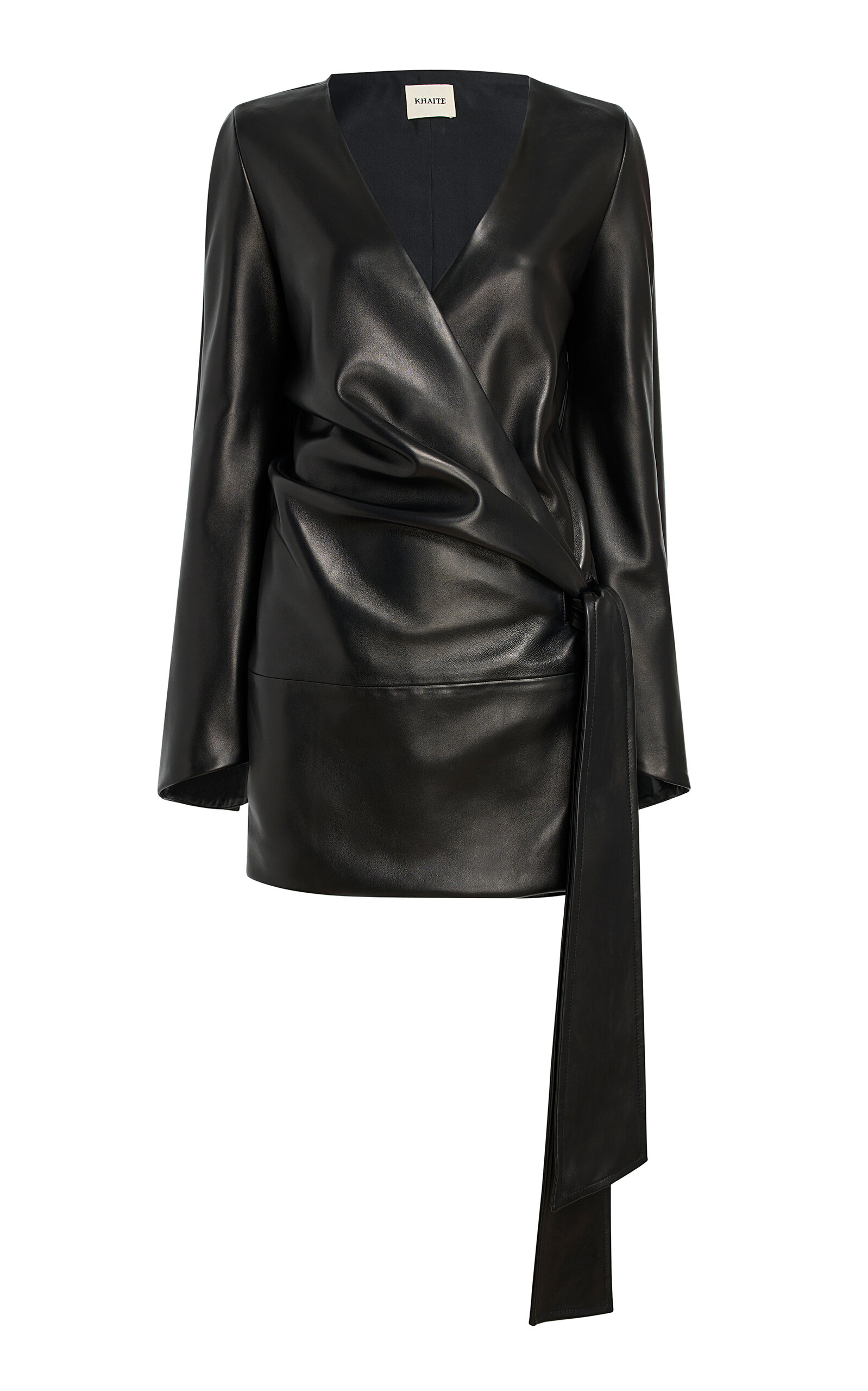 Khaite Onis Plonge Leather Mini Wrap Dress In Black