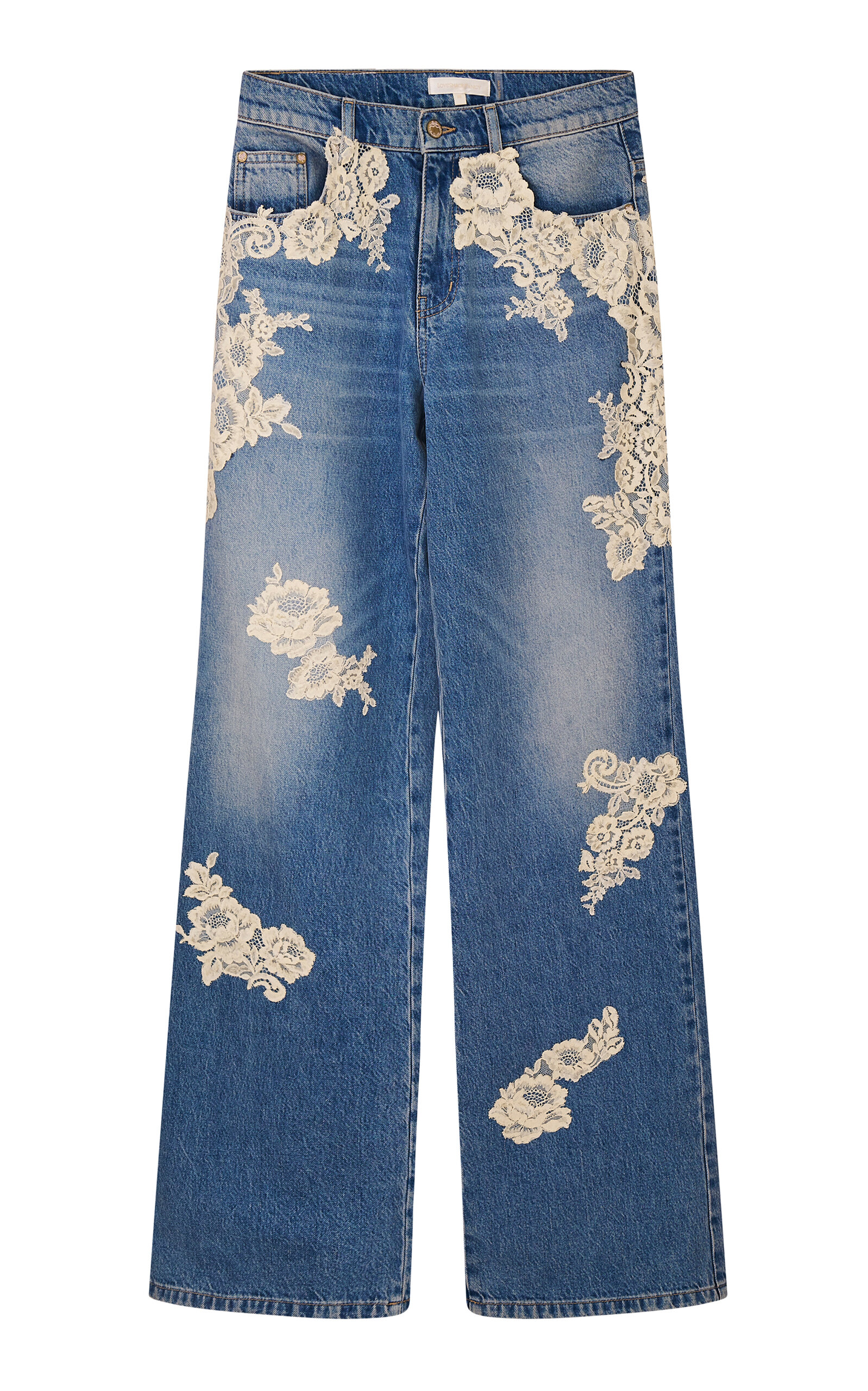 LoveShackFancy Bambie Lace-Detailed Denim Wide-Leg Jeans