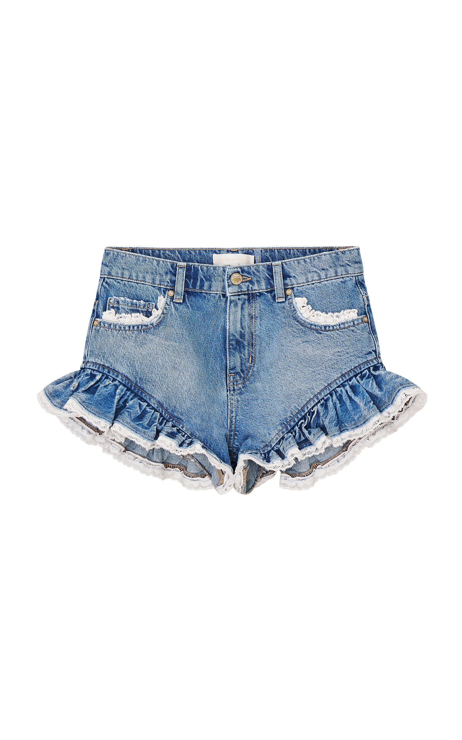 Loveshackfancy Azalure Ruffled Denim Mini Shorts In Blue
