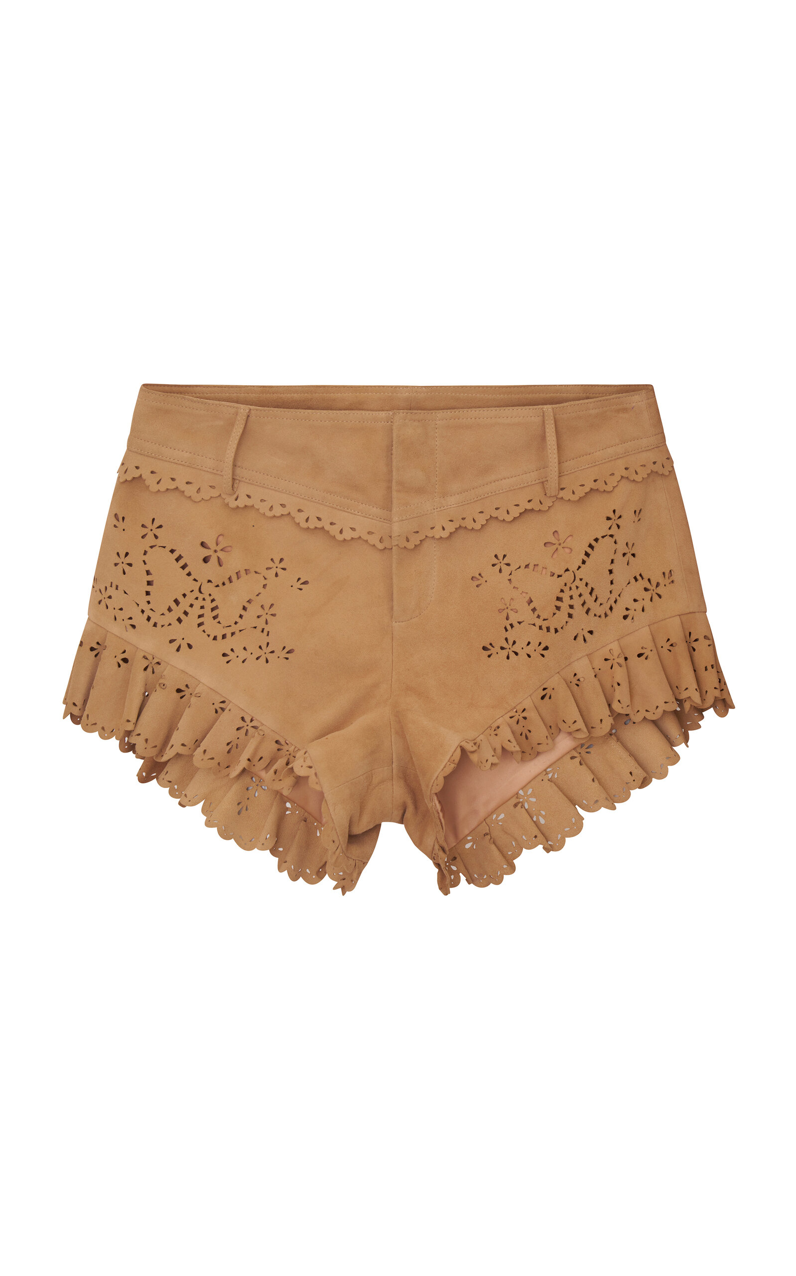 Loveshackfancy Azalure Ruffled Leather Mini Shorts In Brown