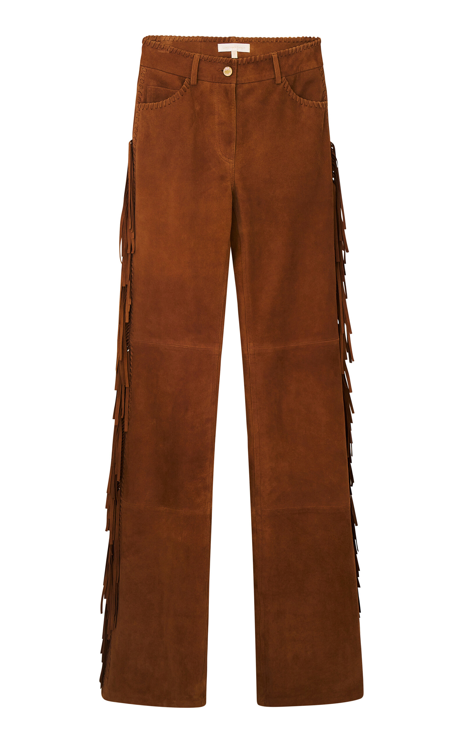 Loveshackfancy Jenya Fringed Leather Straight-leg Pants In Brown