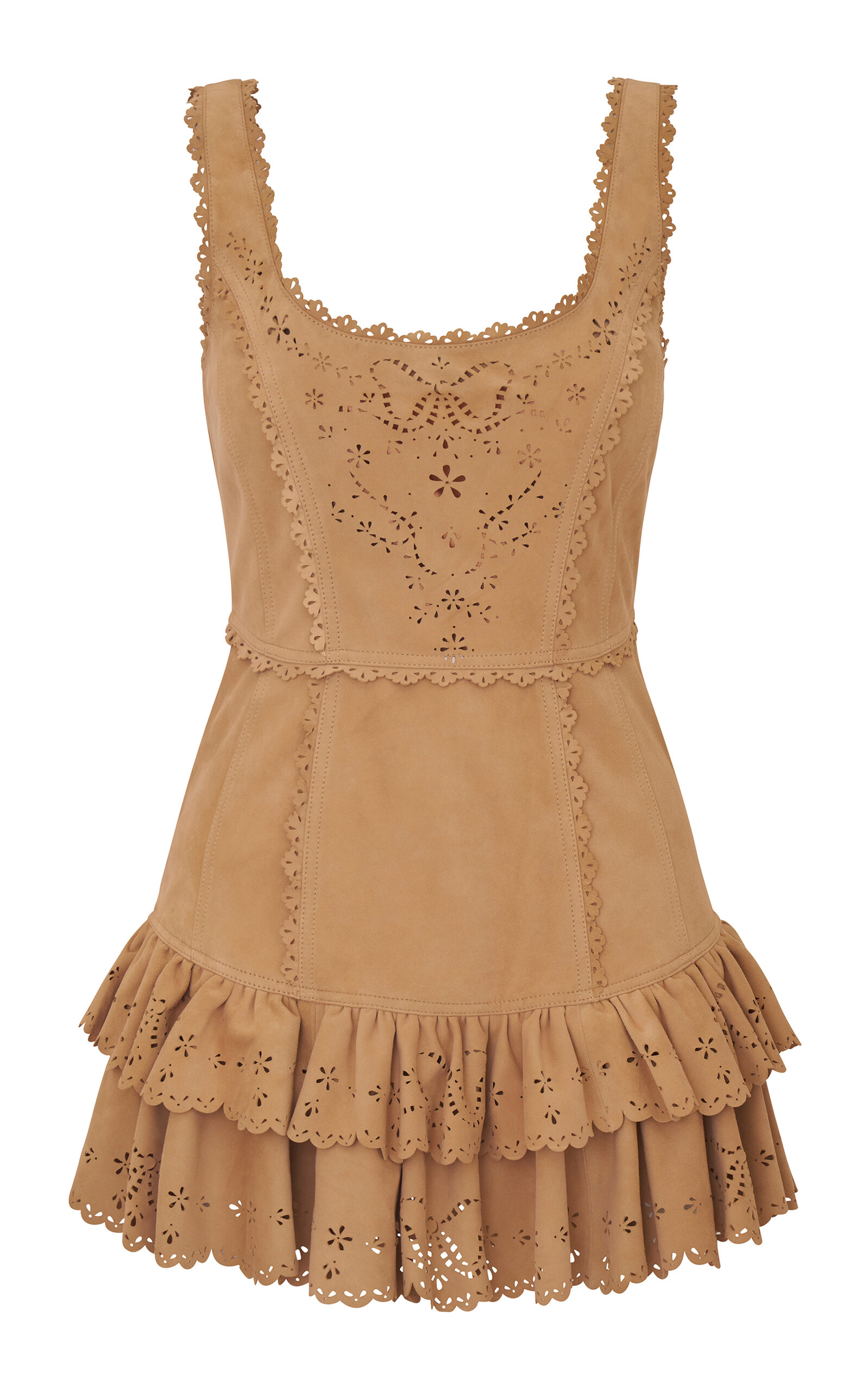 Loveshackfancy Chrysanthe Ruffled Leather Mini Dress In Brown
