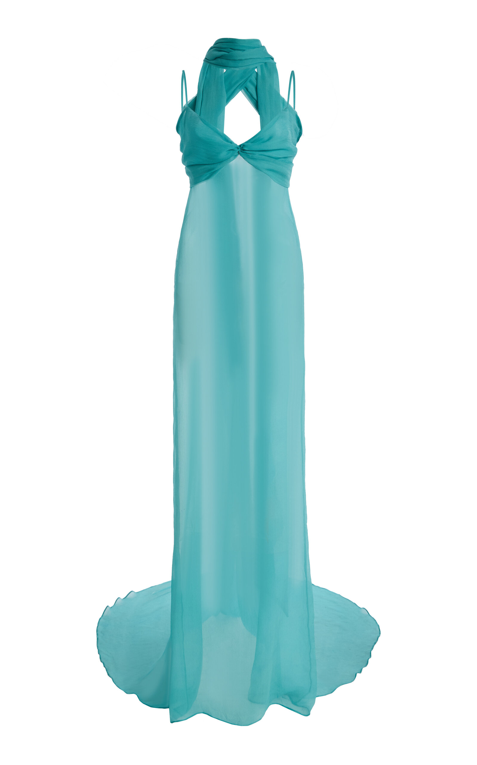Laquan Smith Scarf-detailed Silk Gown In Blue