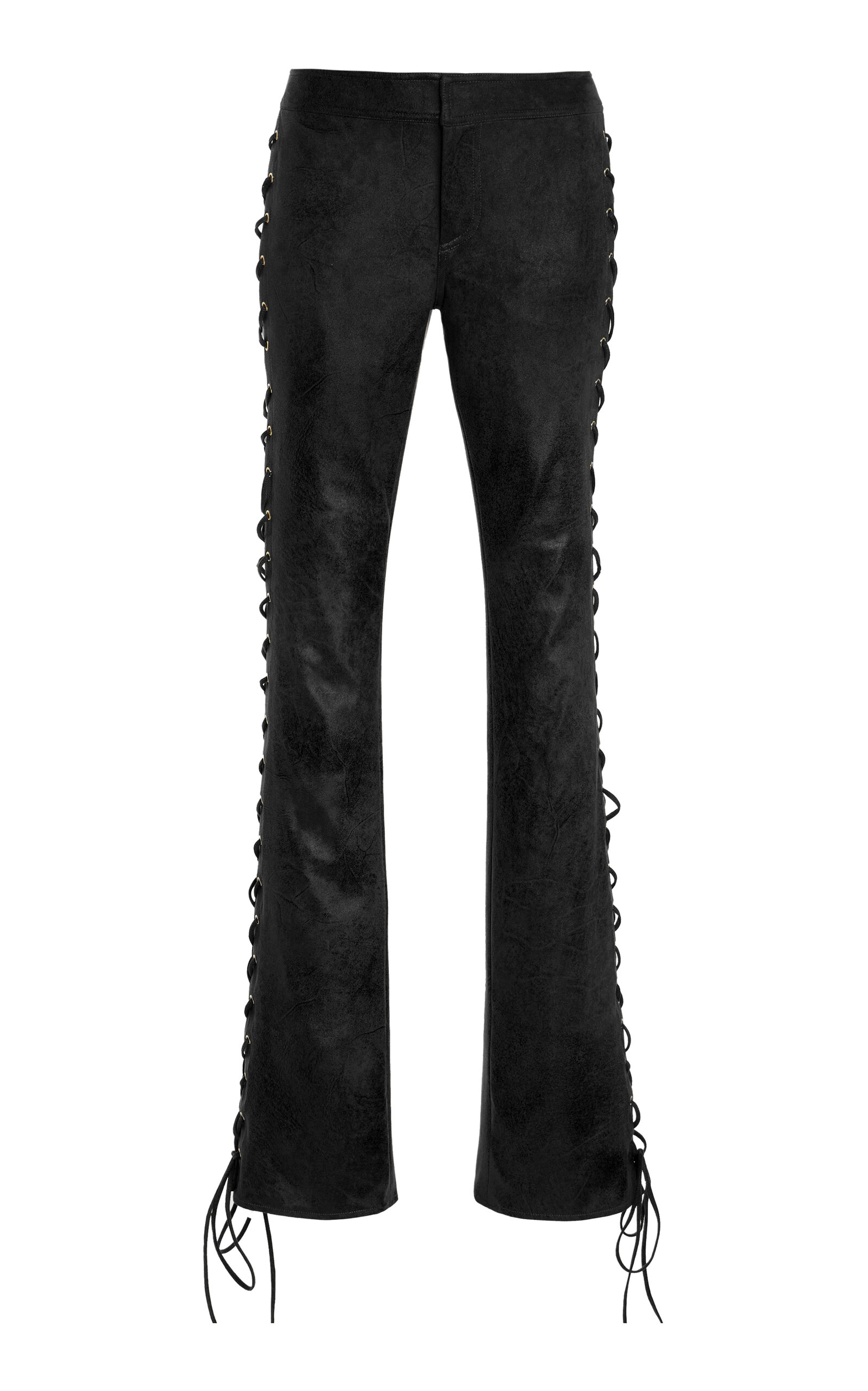 LaQuan Smith Lace-Up Leather Straight-Leg Pants - Black