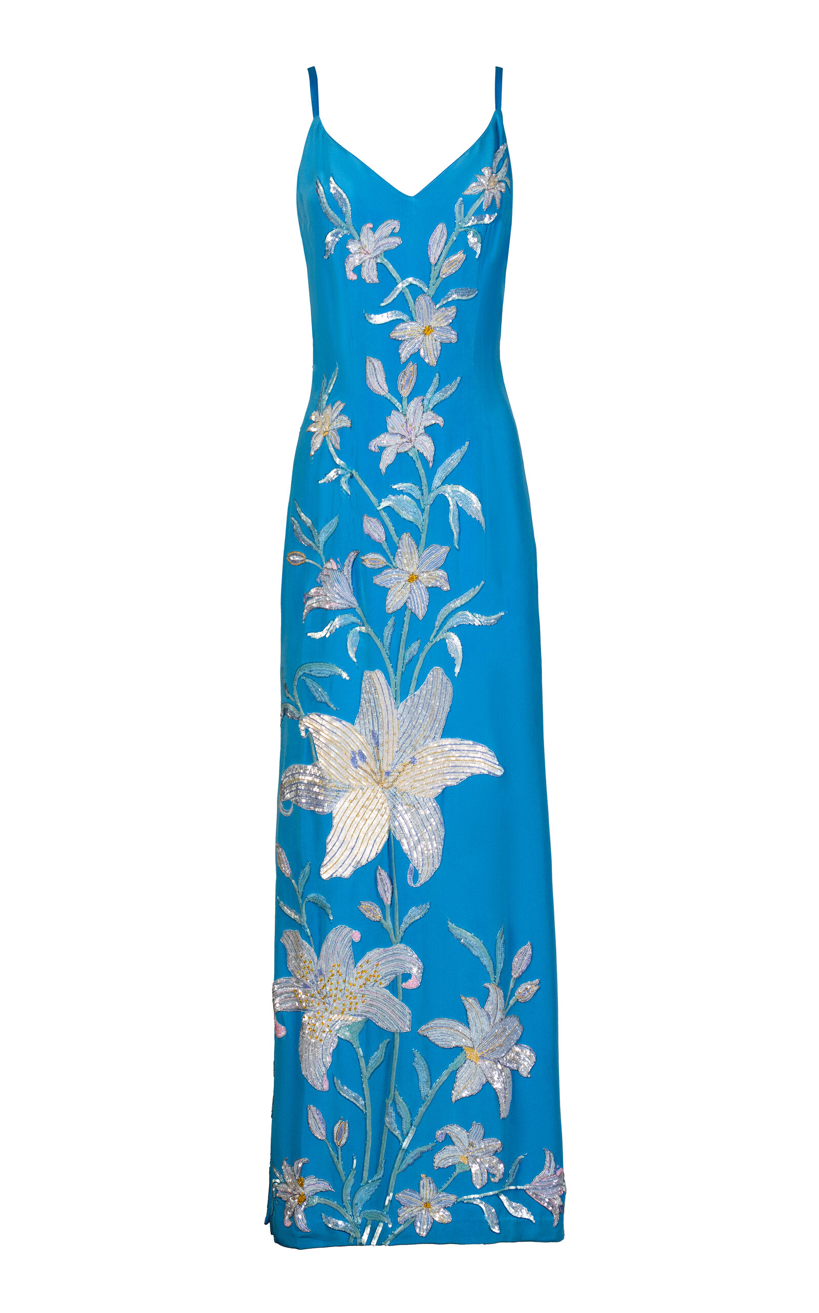 La Fuori Aqua Lily Garden Emb Embroidered Silk Dress - Blue