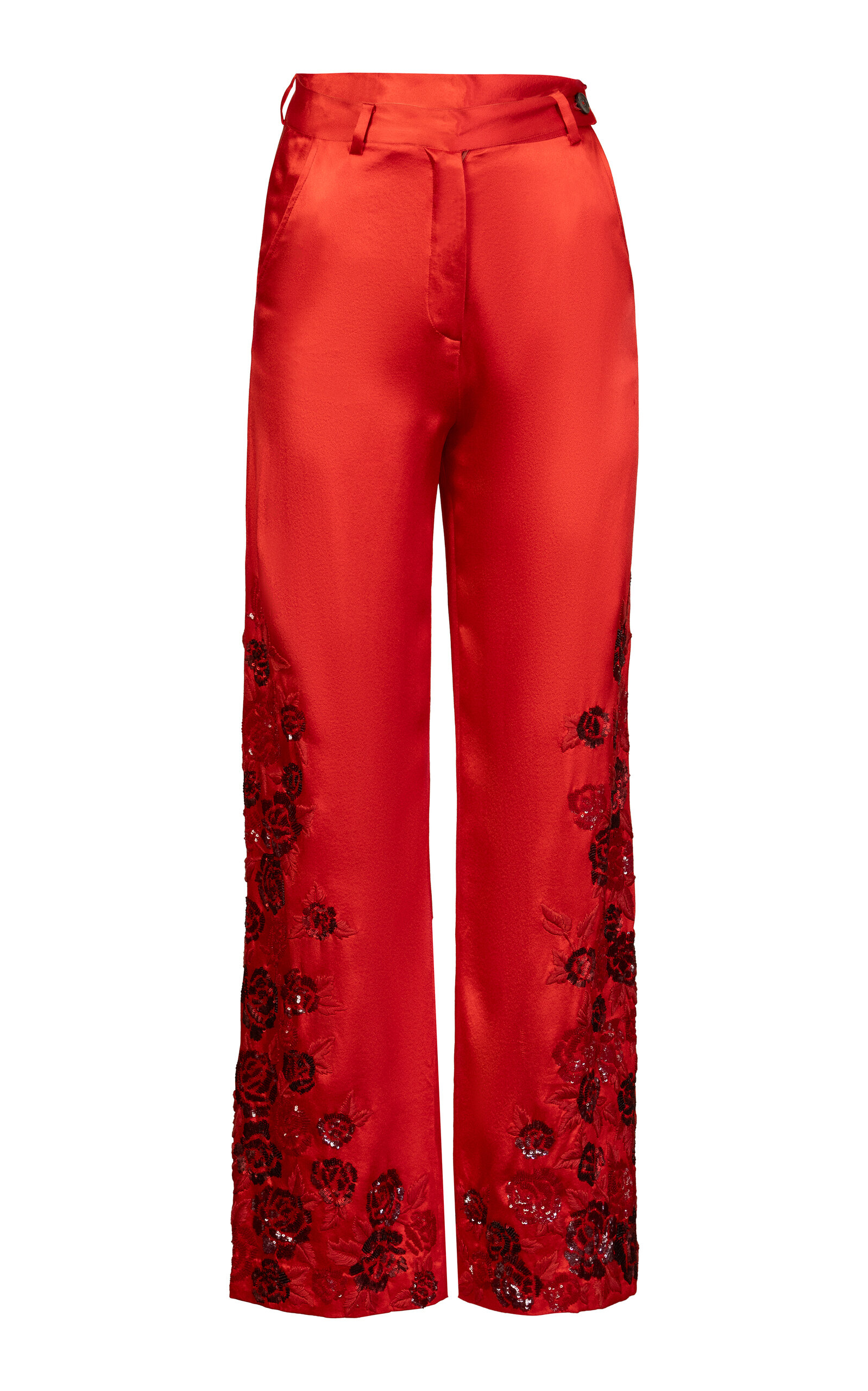 La Fuori Scarlet Rose Embroidered Silk Pants - Red