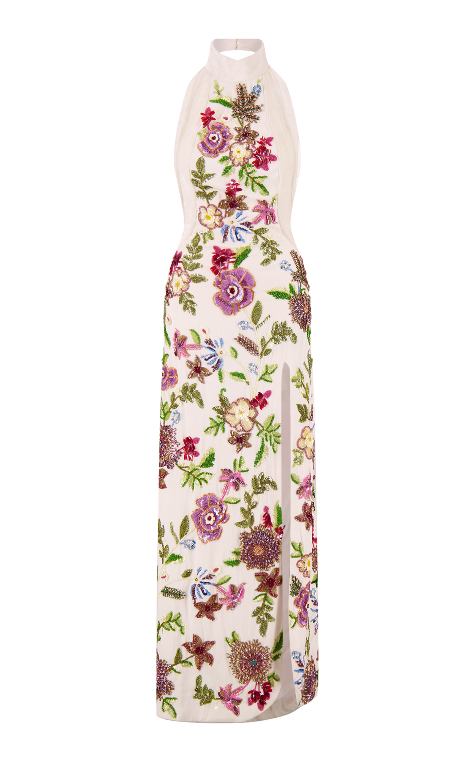 La Fuori Luminous Flounce Halter Embroidered Silk Gown