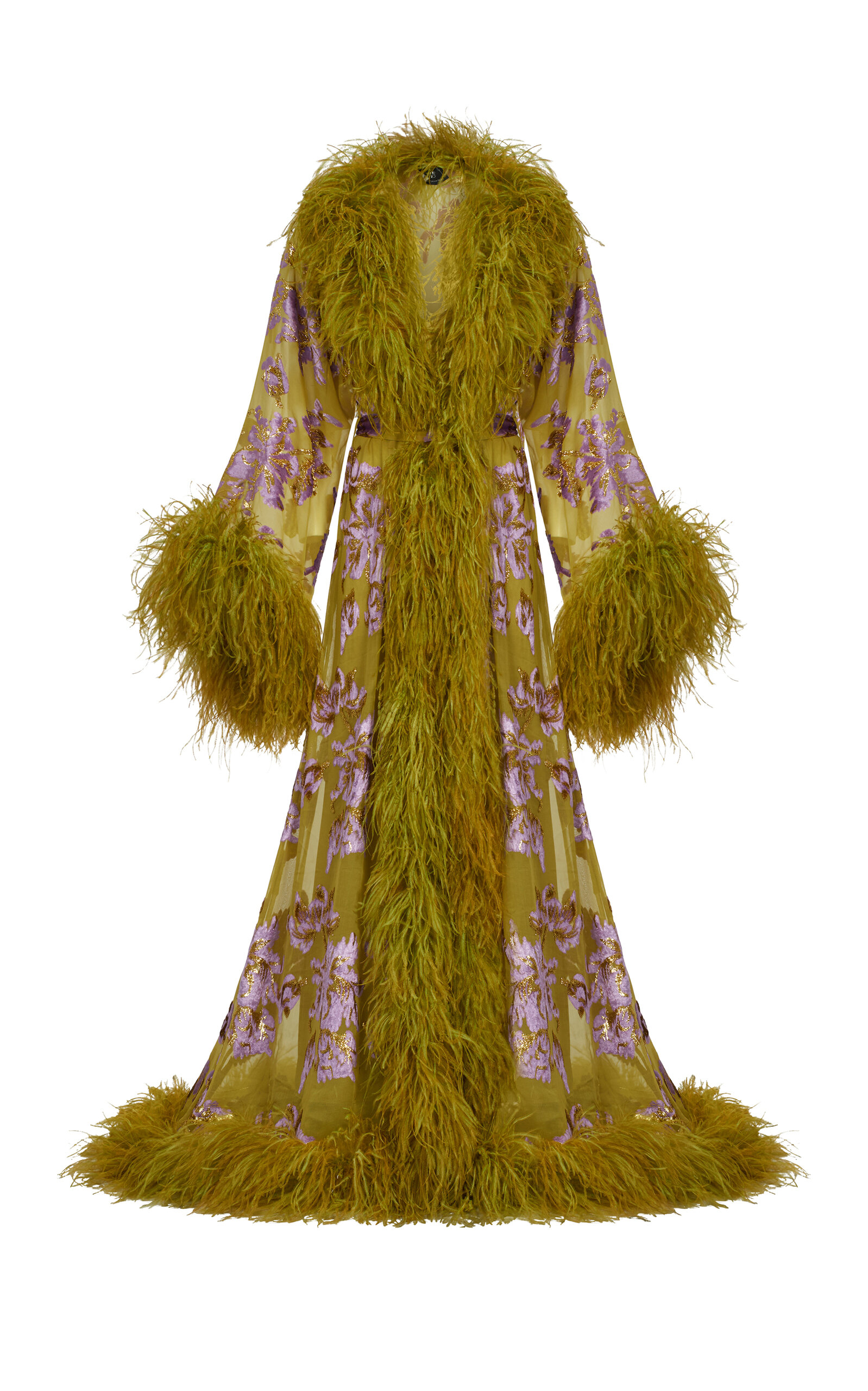 Taller Marmo Melendo Feather-trimmed Jacquard Robe In Green