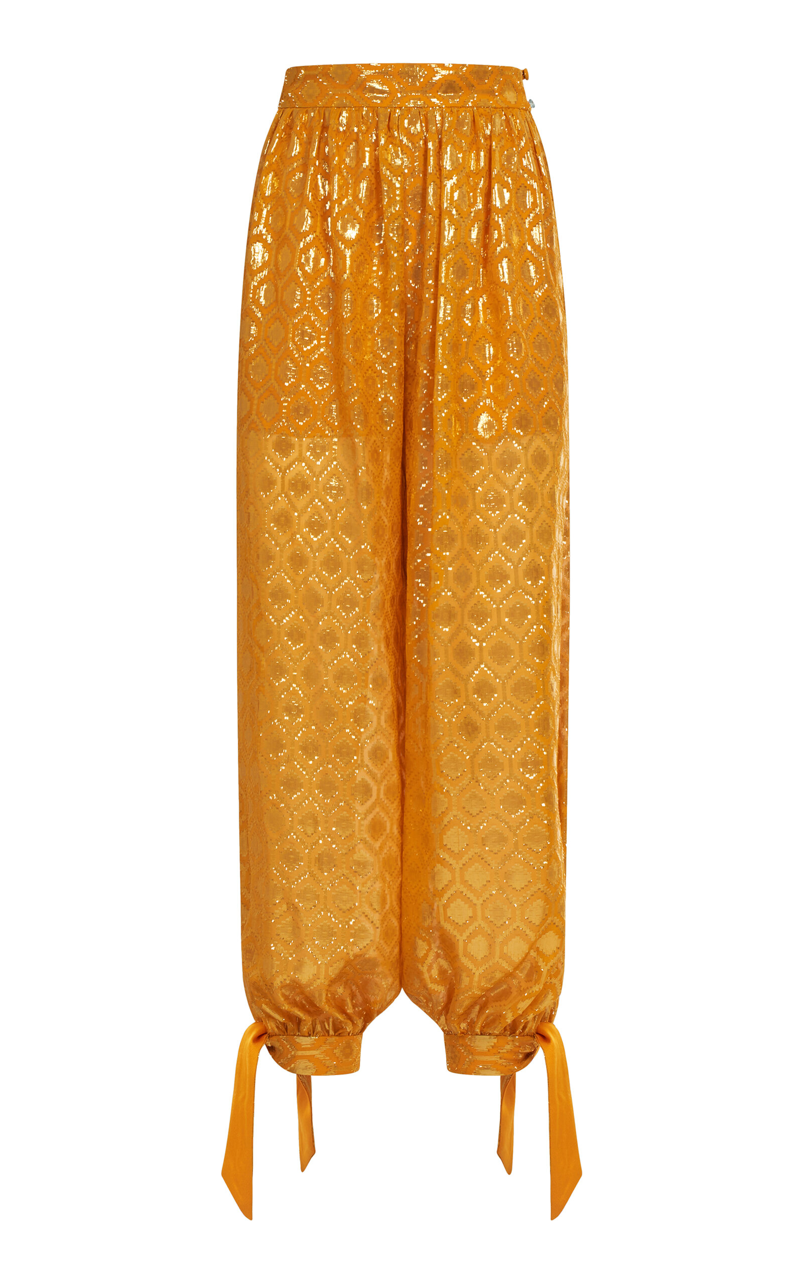 Taller Marmo Giuni Metallic Printed Silk-blend Pants In Orange