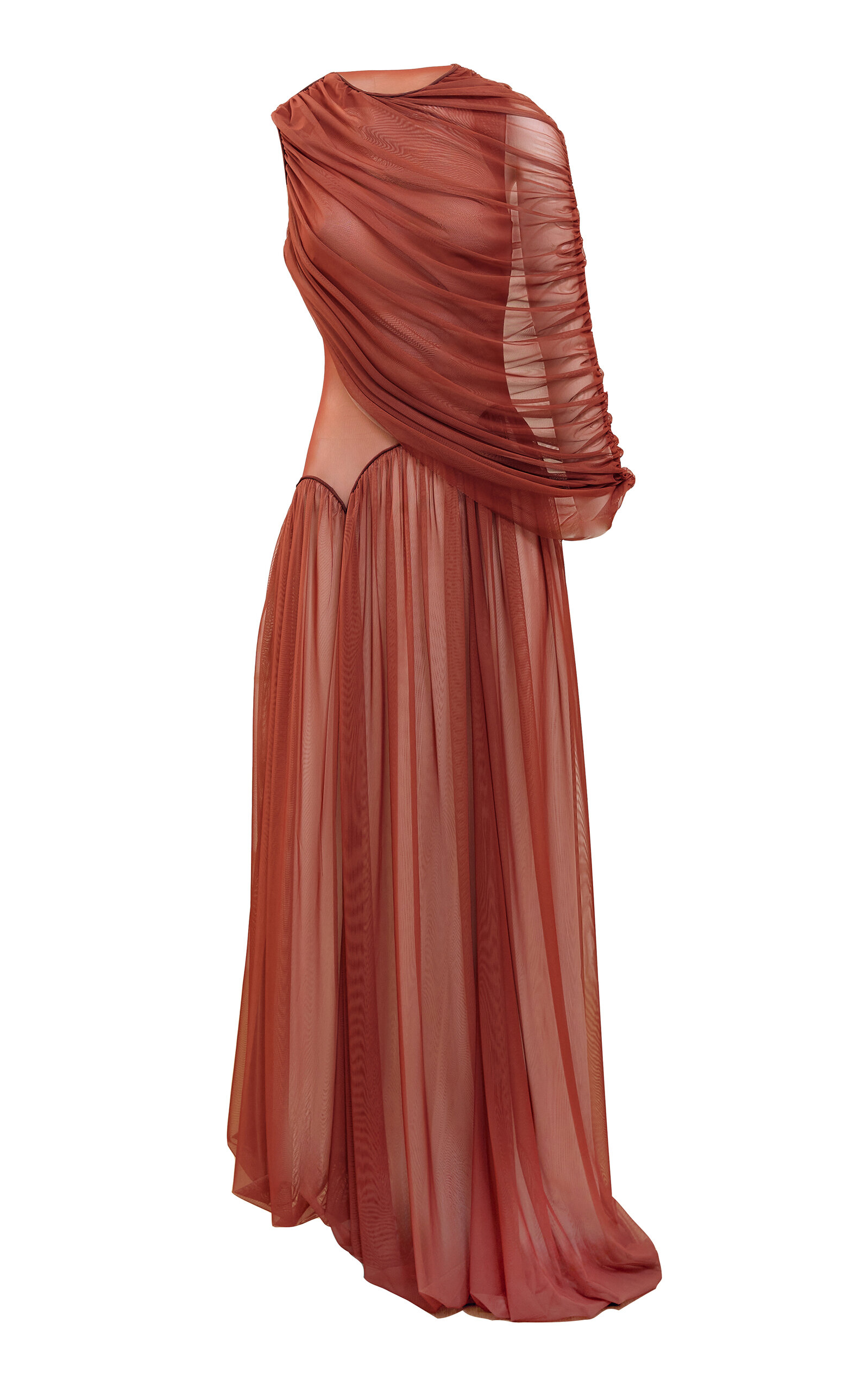 Yassmin Saleh Cascade Draped Tulle-Blend Maxi Dress - Brown