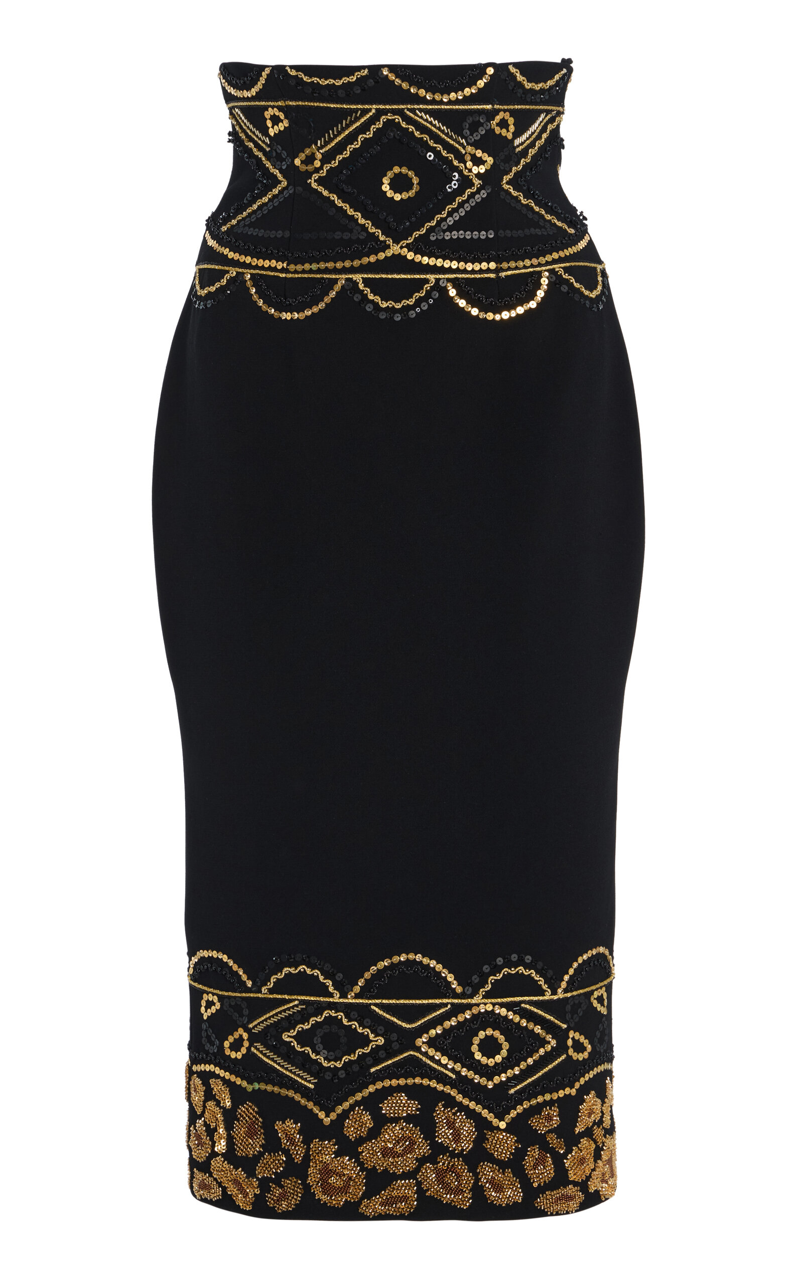 Sergio Hudson Embroidered Corset Wool Crepe Pencil Skirt In Black